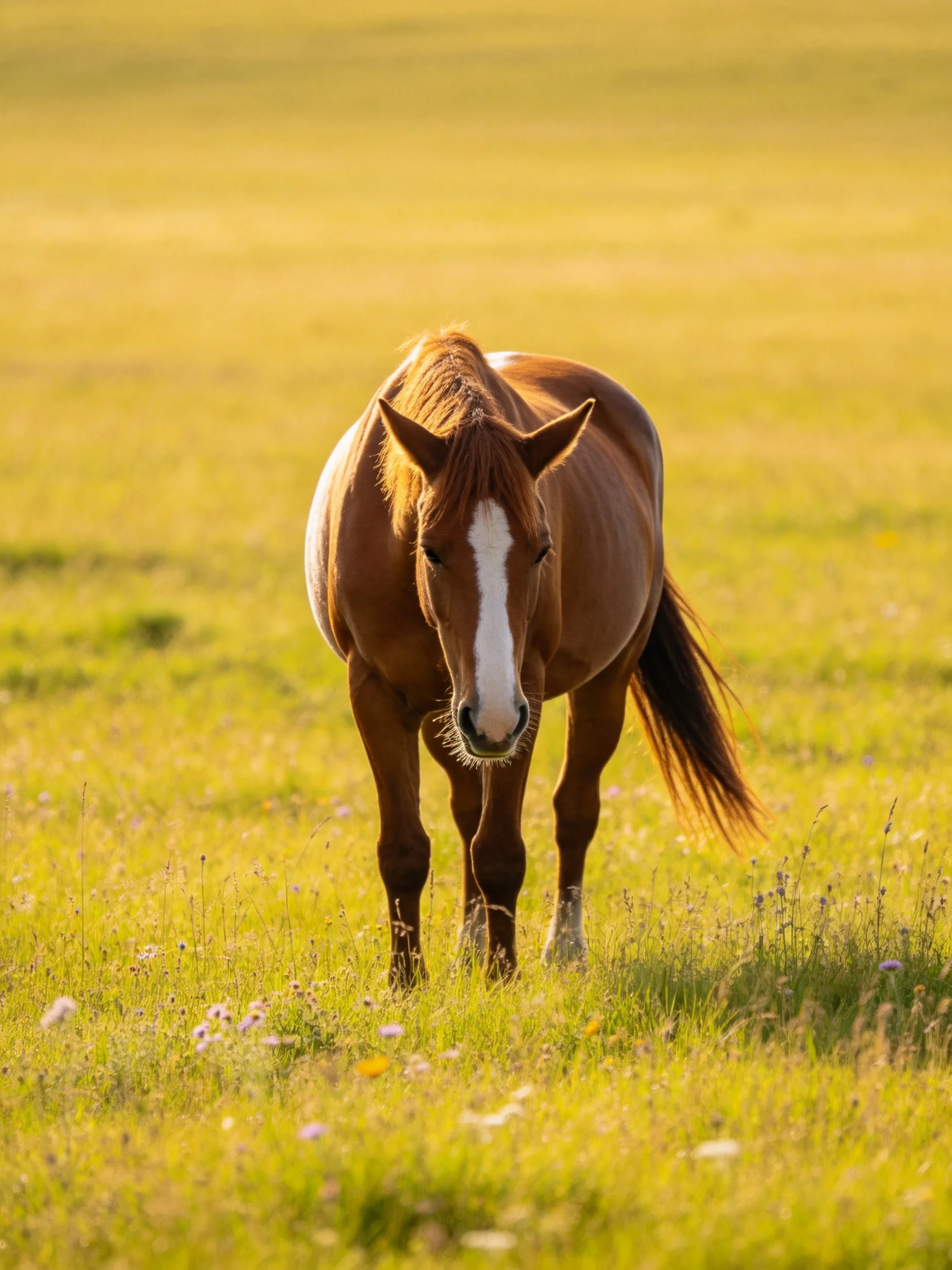 A chestnut horse with a white blaze stands in a sunlit meadow