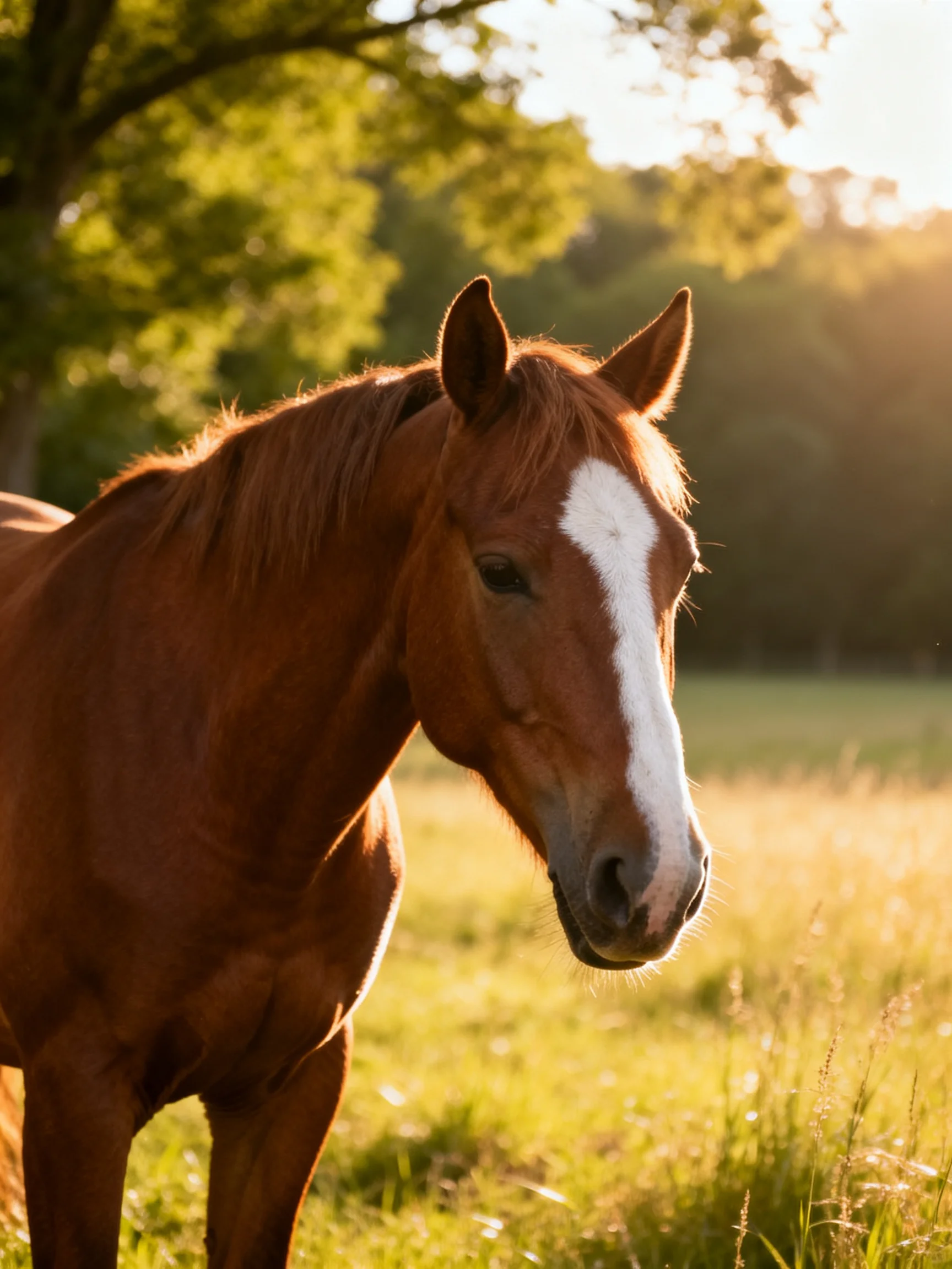 A chestnut horse with a white blaze stands in a sunlit meadow