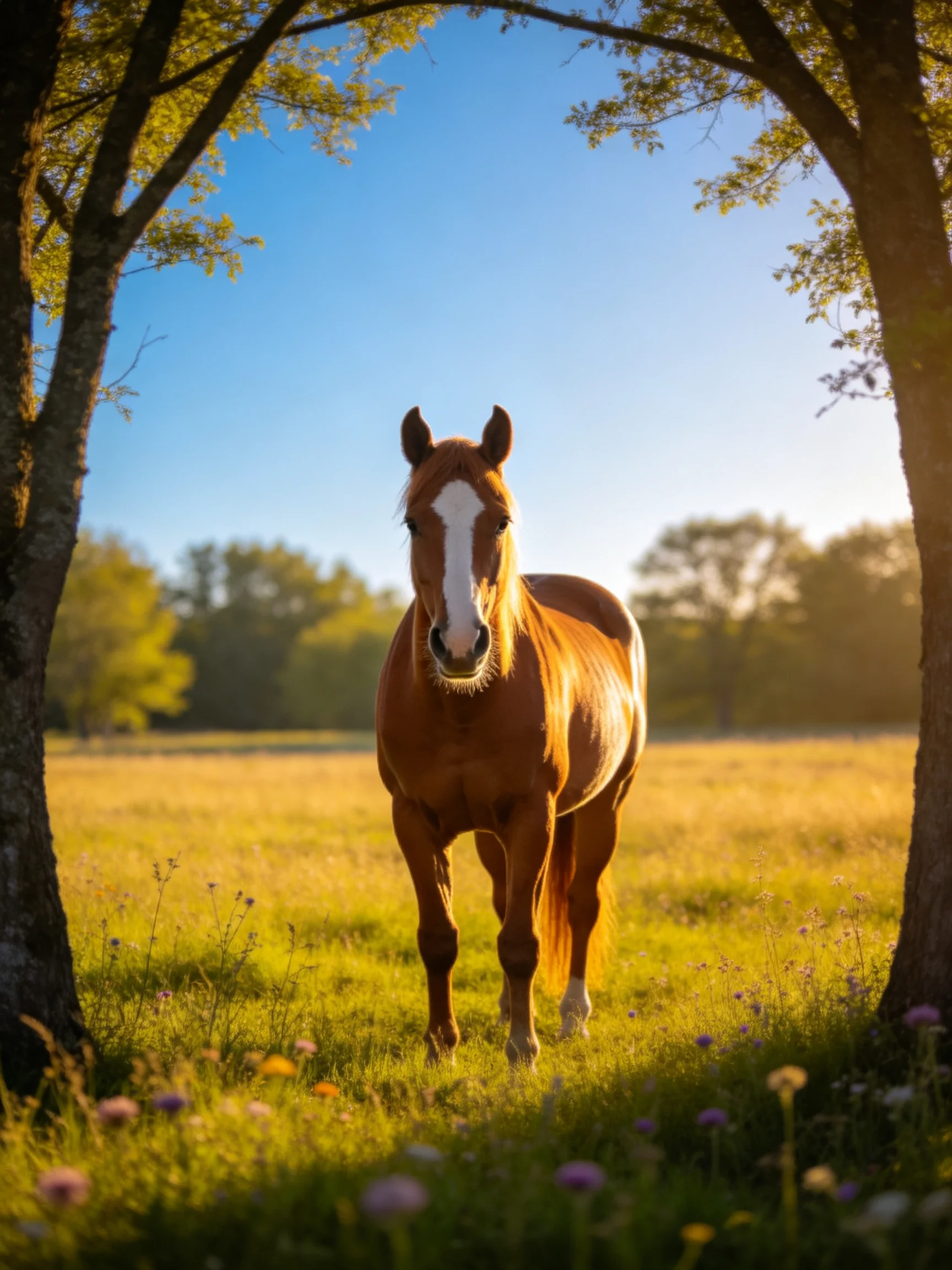 A chestnut horse with a white blaze stands in a sunlit meadow.