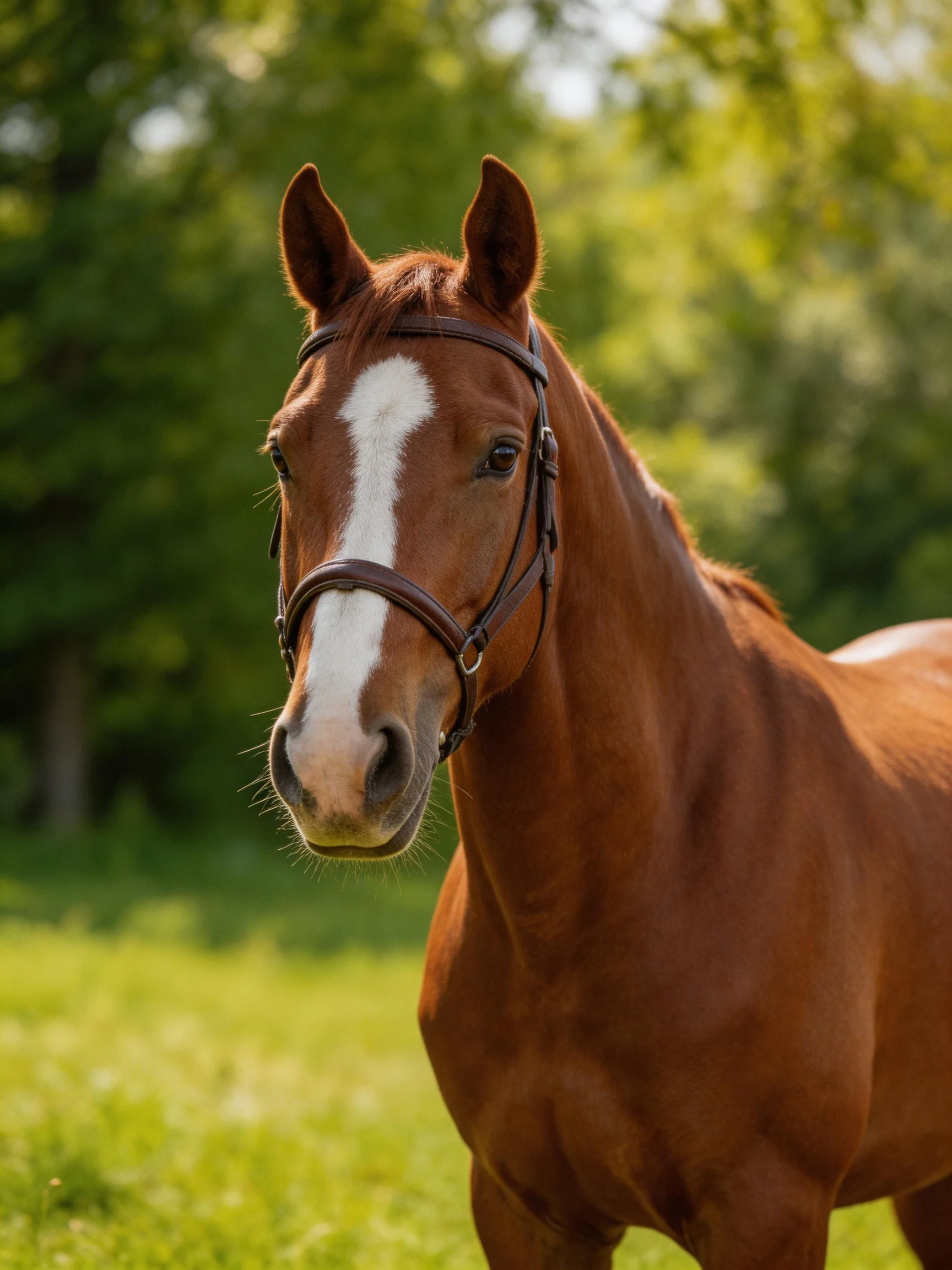 A chestnut horse with a white blaze stands in a sunlit meadow