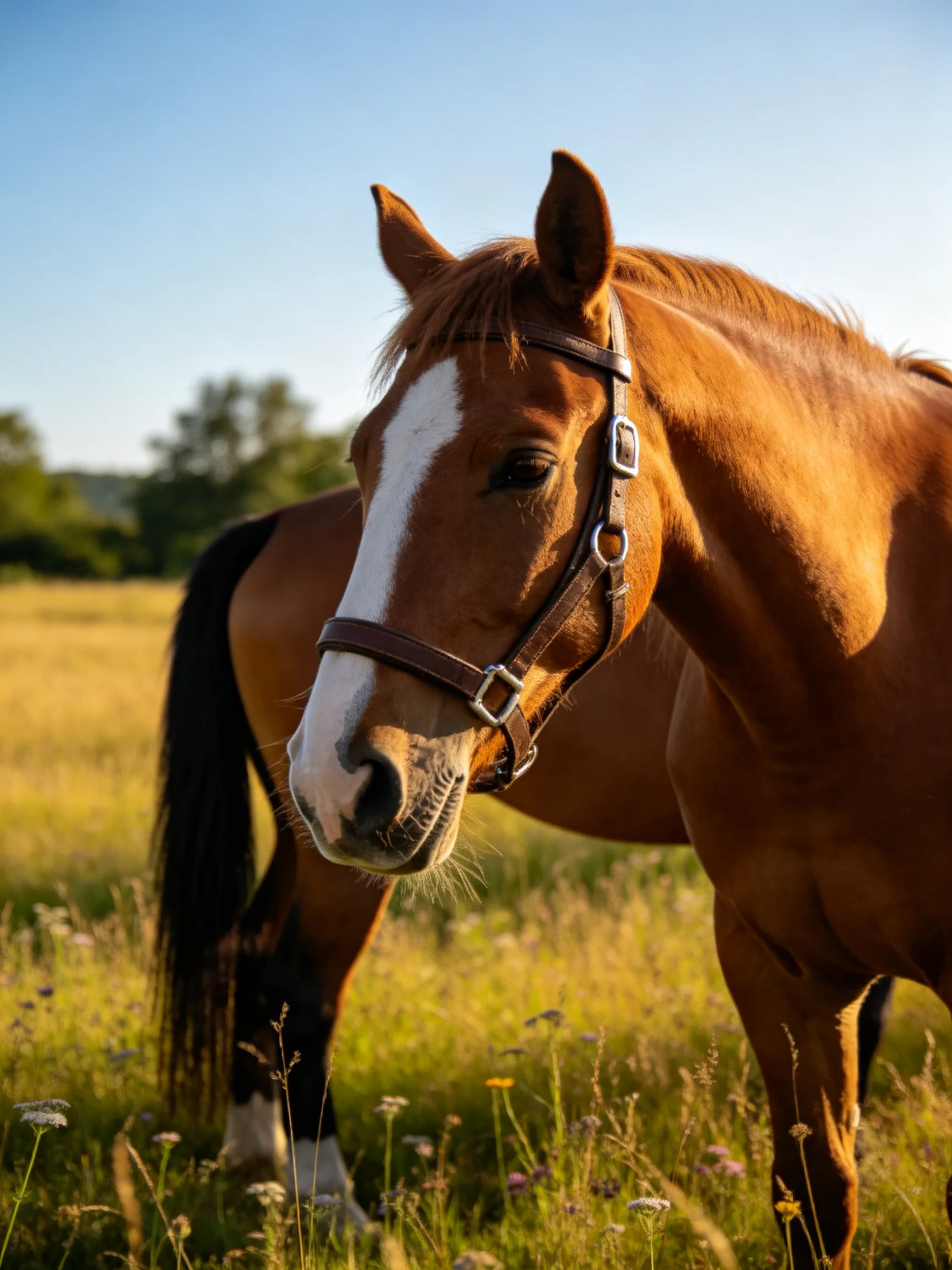 A chestnut horse with a white blaze stands in a sunlit meadow with another horse nearby.