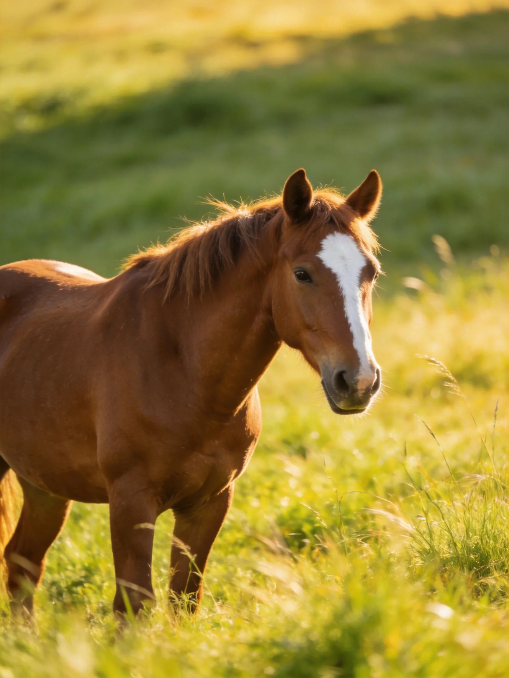 A chestnut horse with a white blaze stands in a sunlit meadow