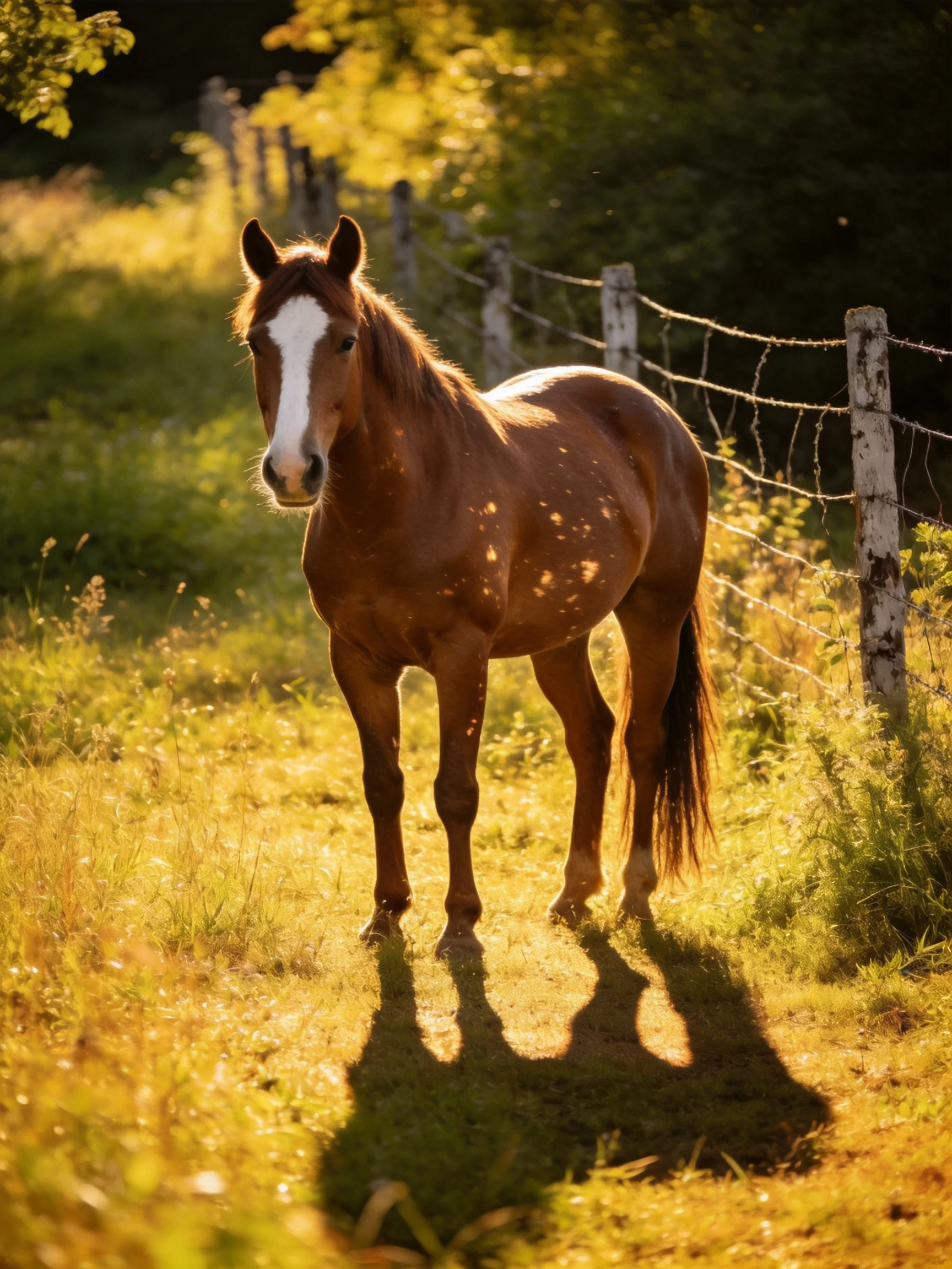 A chestnut horse with a white blaze stands in a sunlit meadow near a barbed - wire fence