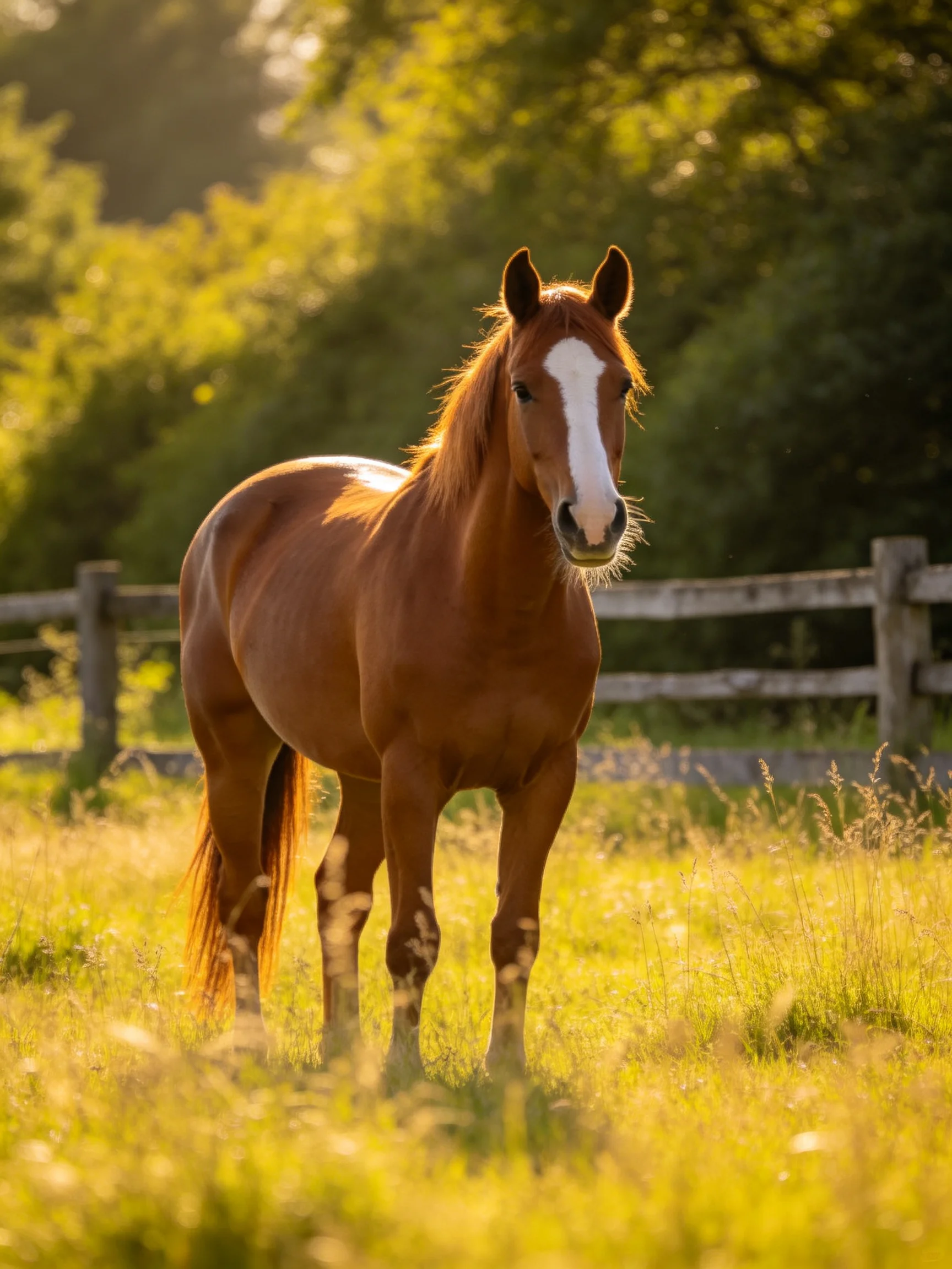 A chestnut horse with a white blaze stands in a sunlit meadow