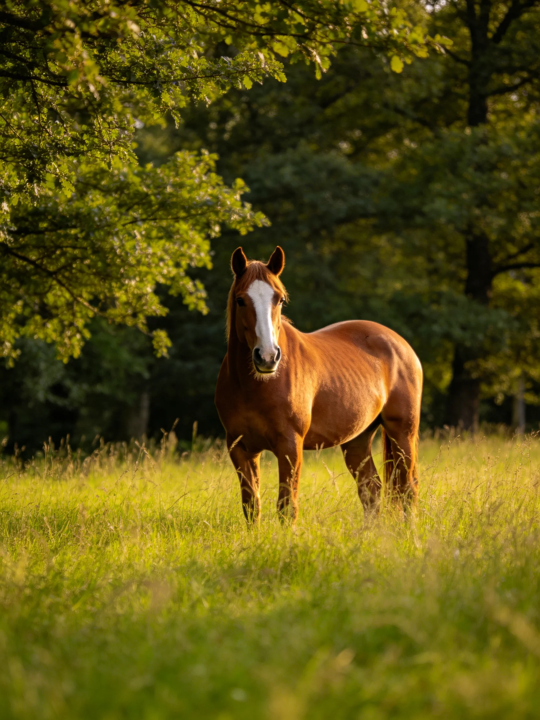 A chestnut horse with a white blaze stands in a sunlit meadow near dense trees