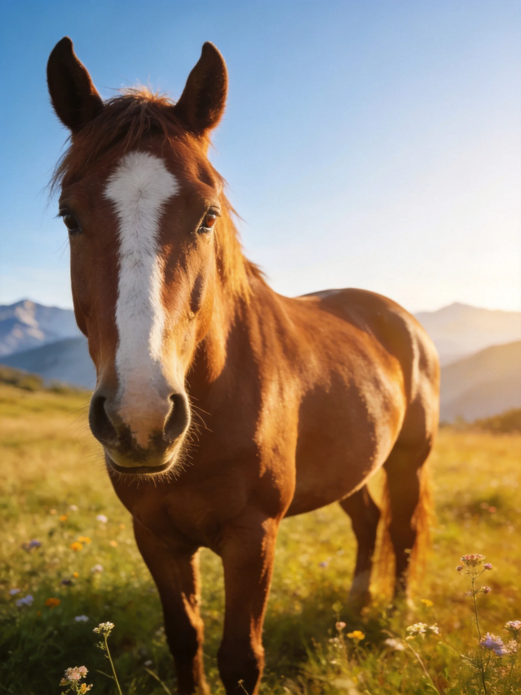 A brown horse with a white facial marking stands in a sun-drenched meadow with distant mountains.