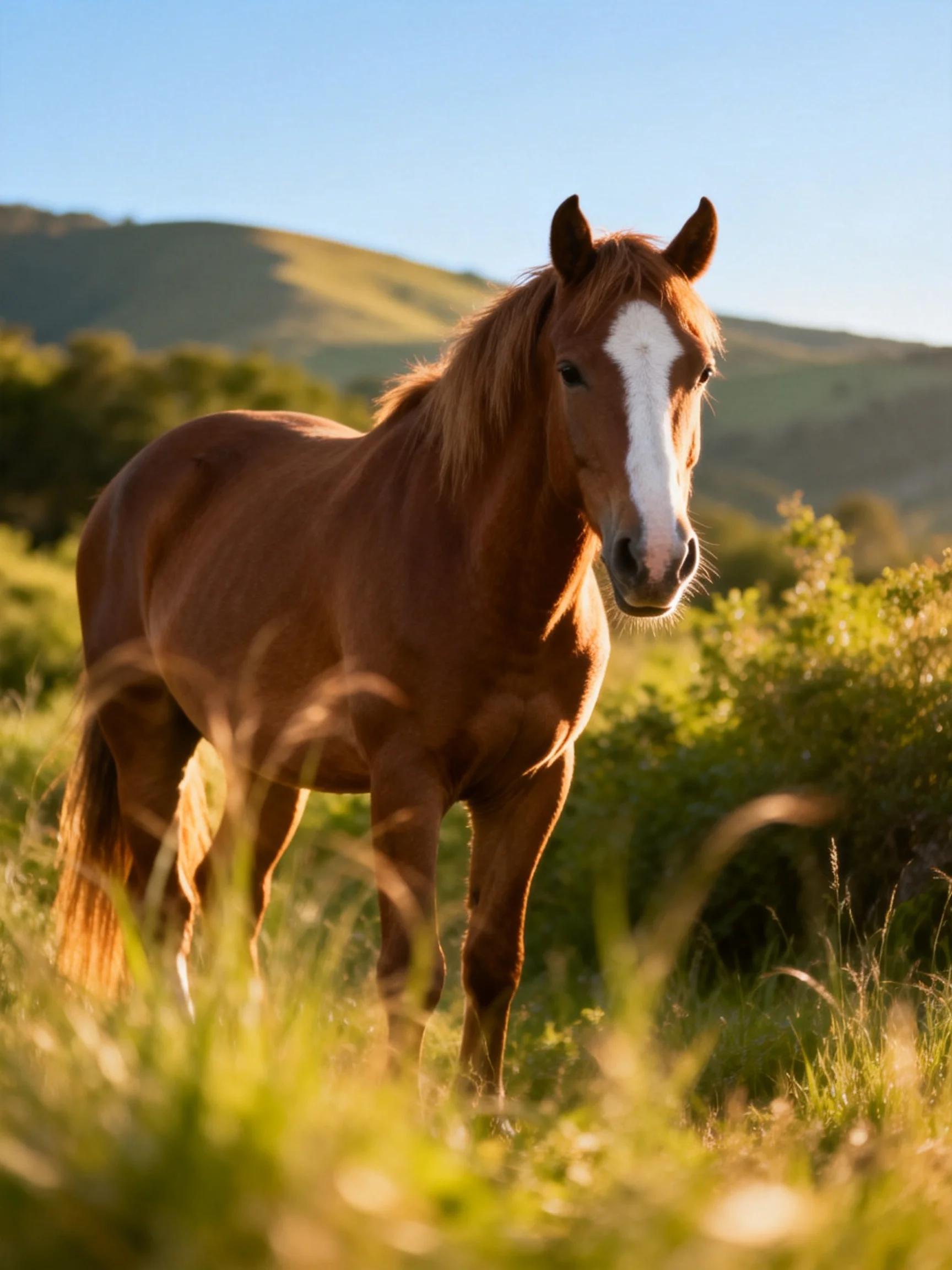 A chestnut horse with a white blaze stands in a sunlit meadow near rolling hills