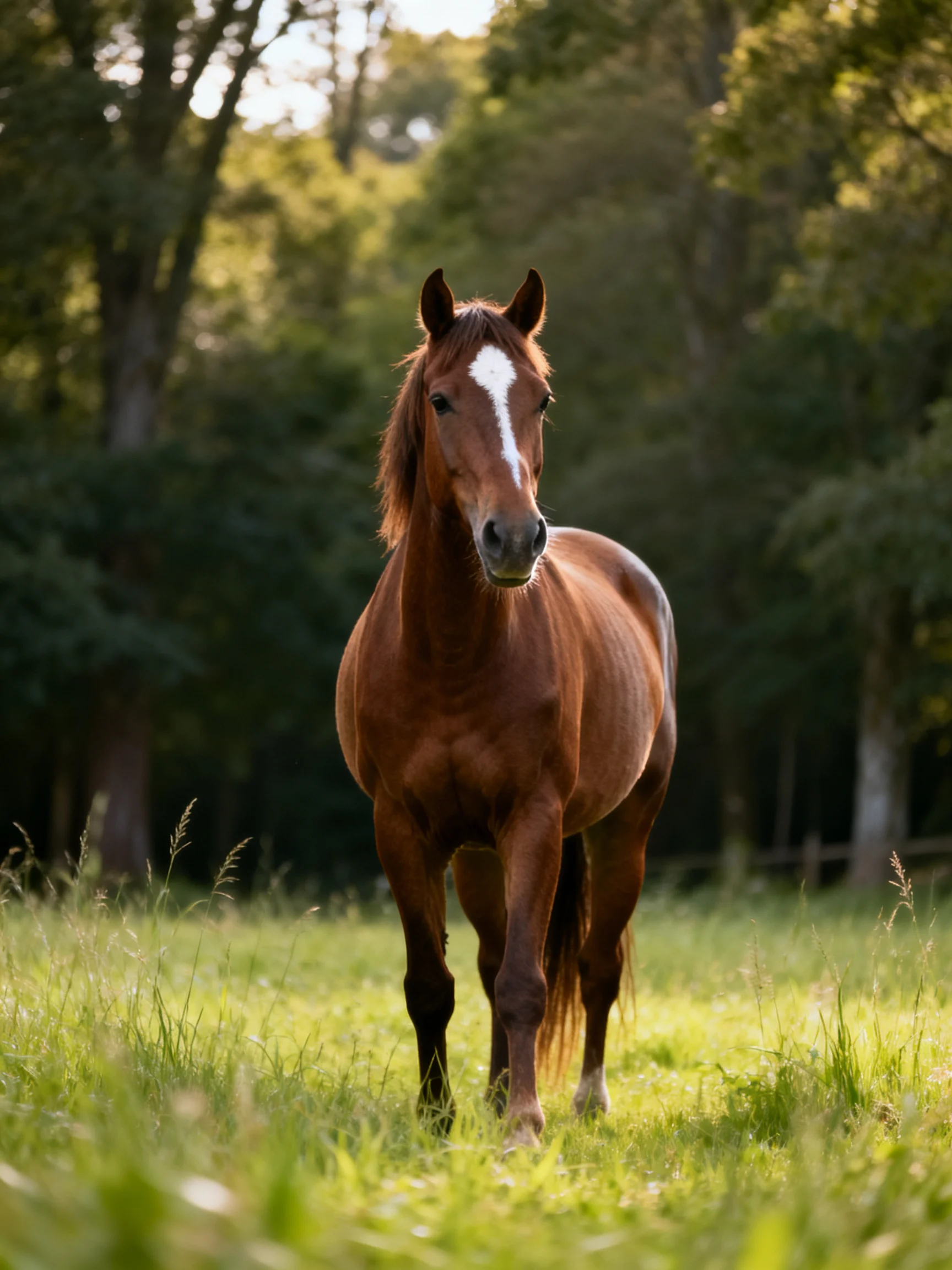 A chestnut horse with a white blaze moves through a sunlit meadow with trees behind it.