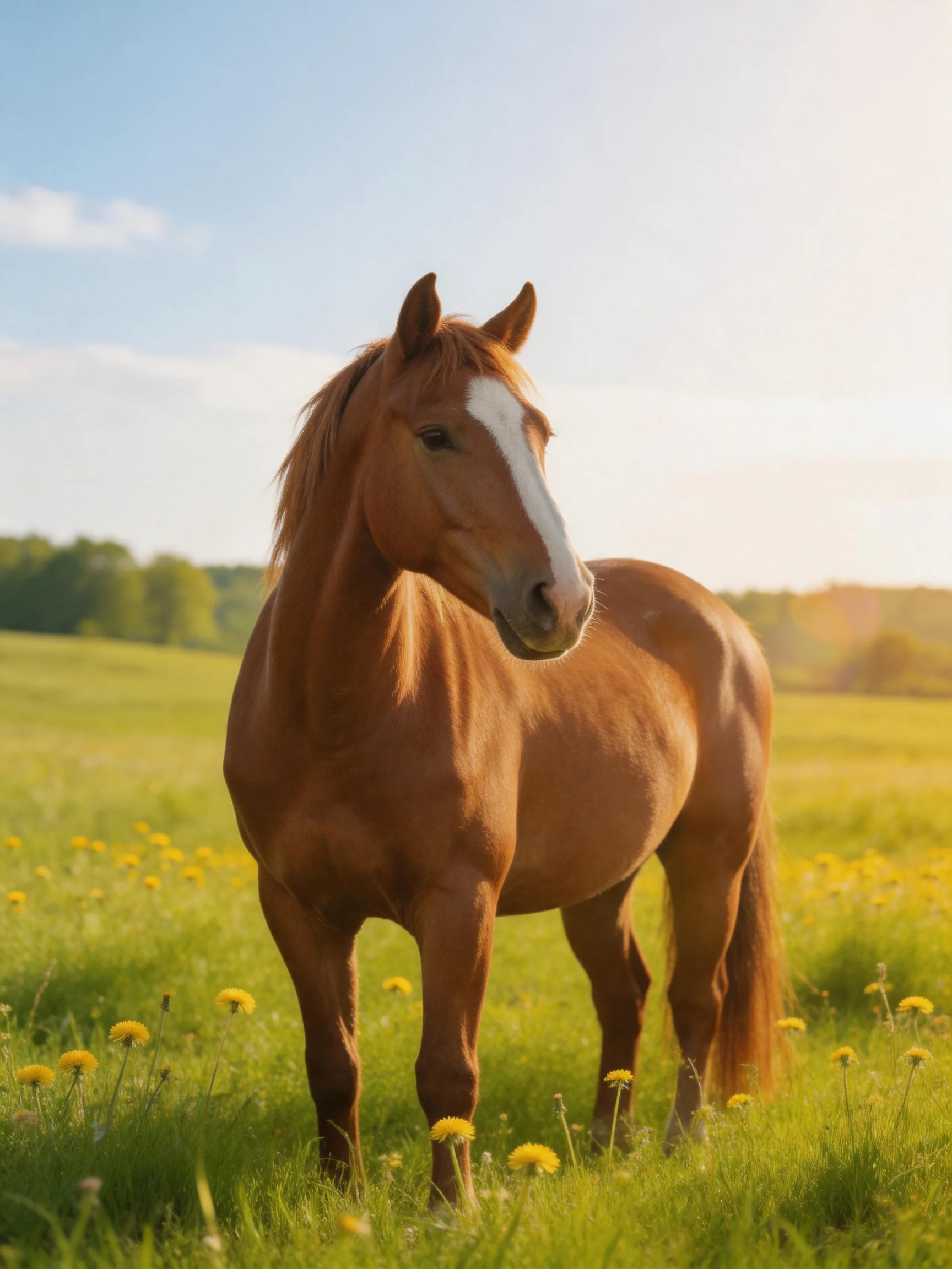 A chestnut horse with a white blaze stands in a sunlit meadow of green grass and yellow wildflowers.