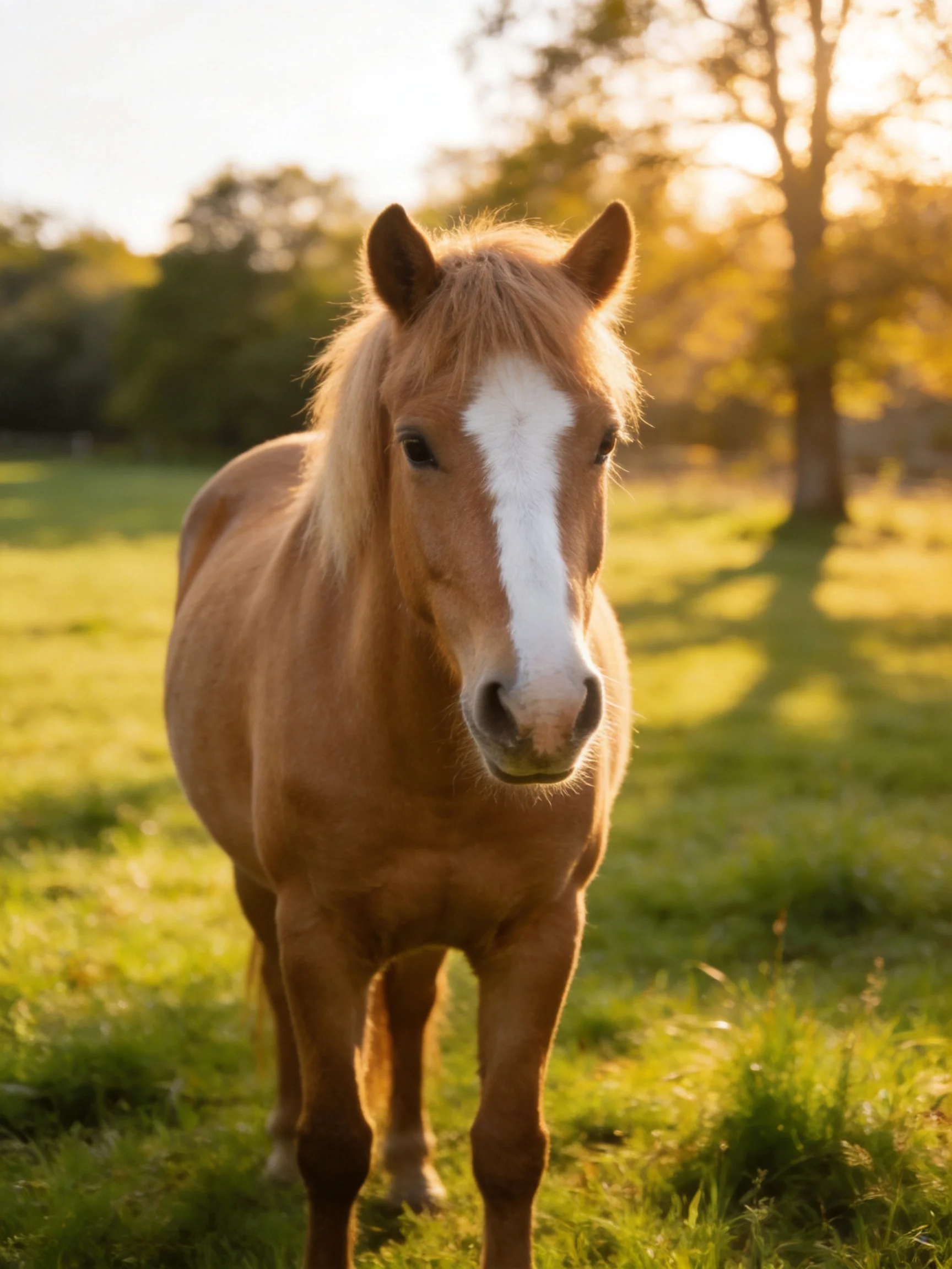 A chestnut horse with a white blaze stands in a sunlit meadow.