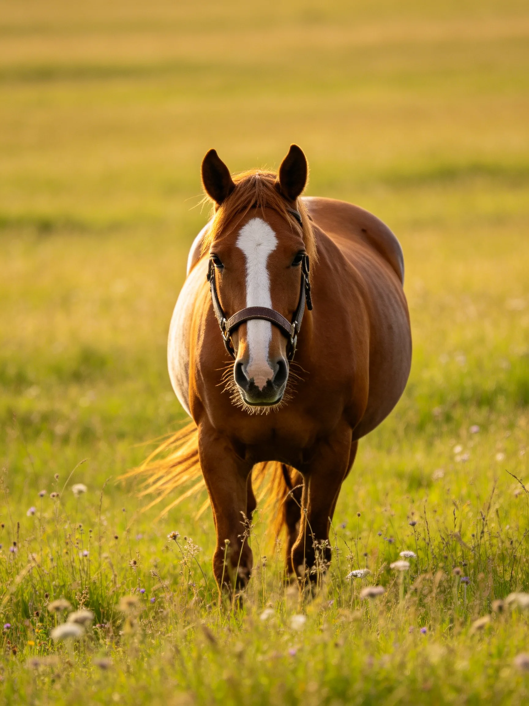 A chestnut horse with a white blaze moves through a sunlit meadow.