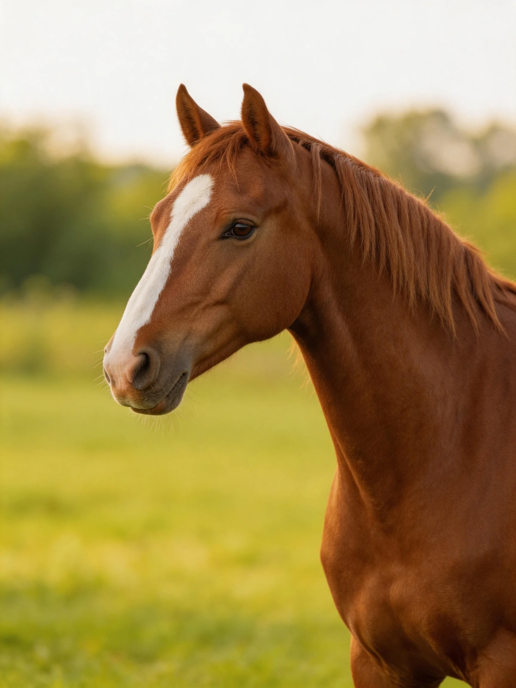 A chestnut horse with a white blaze stands in a sunlit meadow