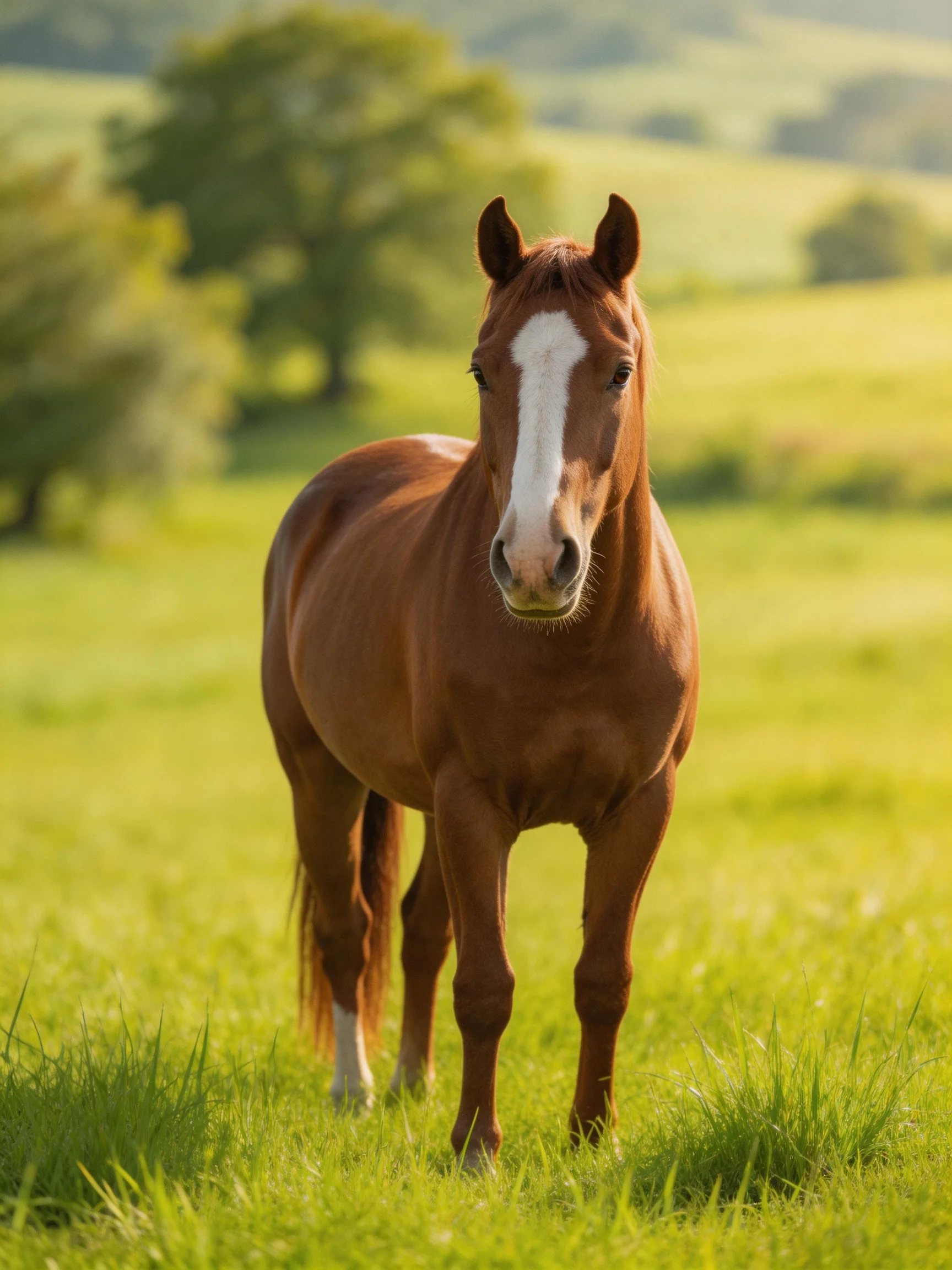 A chestnut horse with a white blaze stands in a sunlit meadow