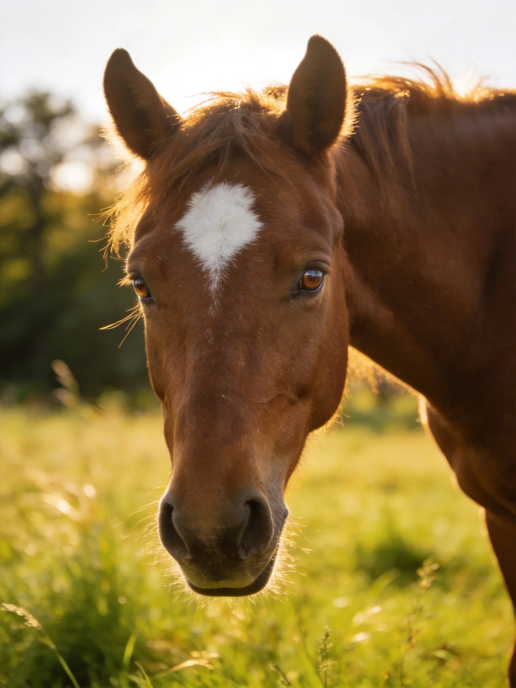 A chestnut horse with a white blaze stands in a sunlit meadow