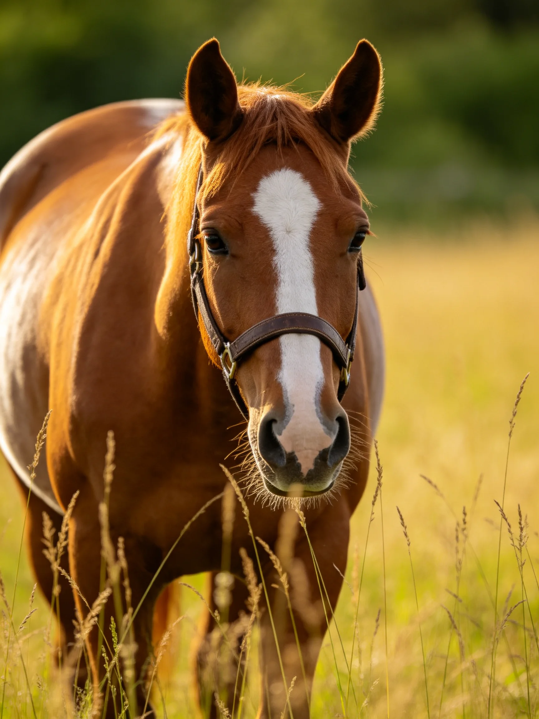 A chestnut horse with a white blaze stands in a sunlit meadow.