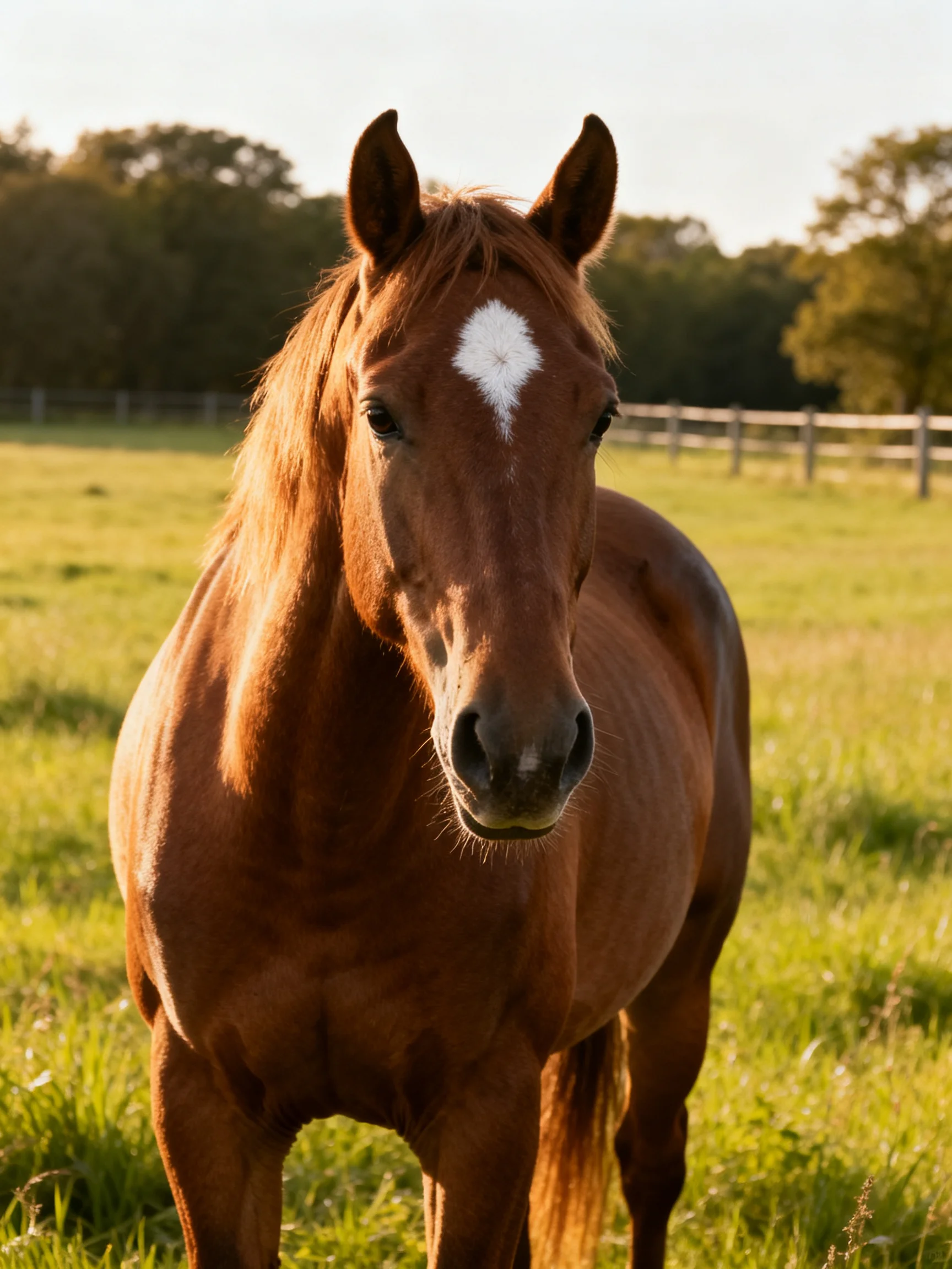 A chestnut horse with a white blaze stands in a sunlit pasture