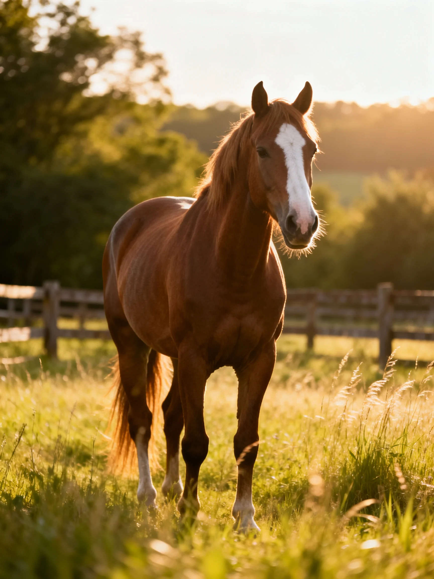 A chestnut horse with a white blaze stands in a sunlit pasture near a wooden fence