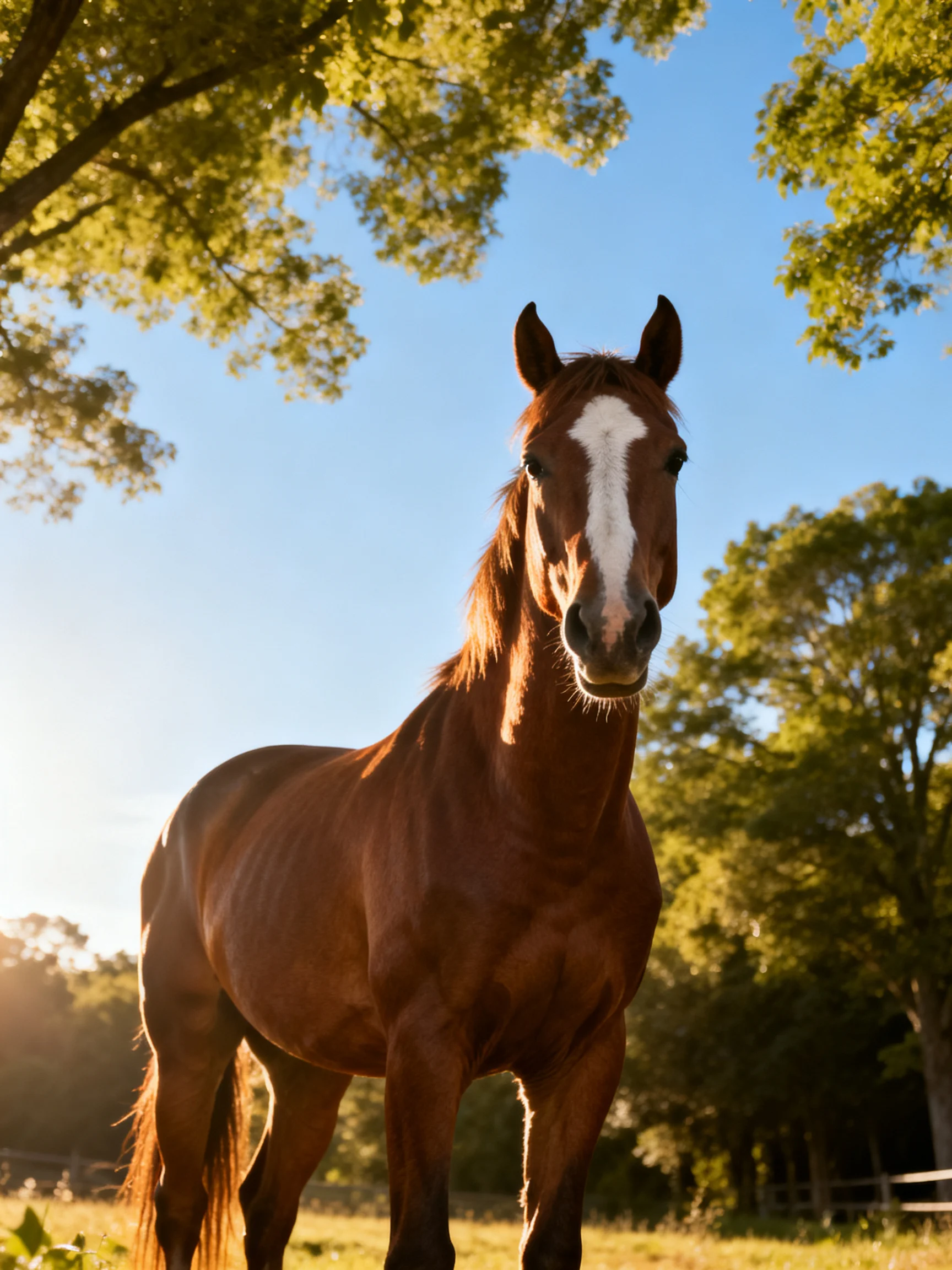A chestnut horse with a white blaze stands in a sunny field