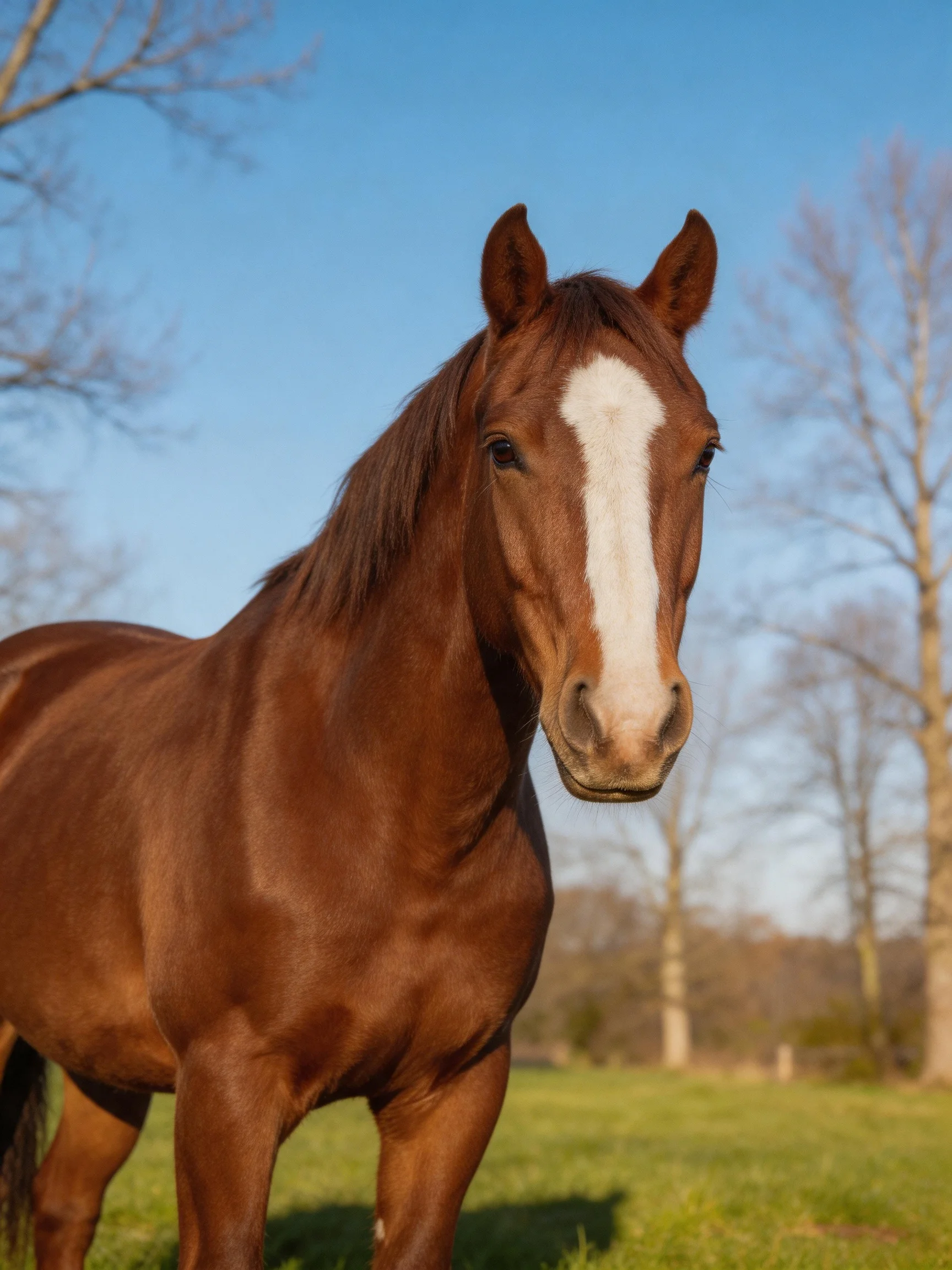 A chestnut horse with a white blaze stands in a sunlit field near trees.