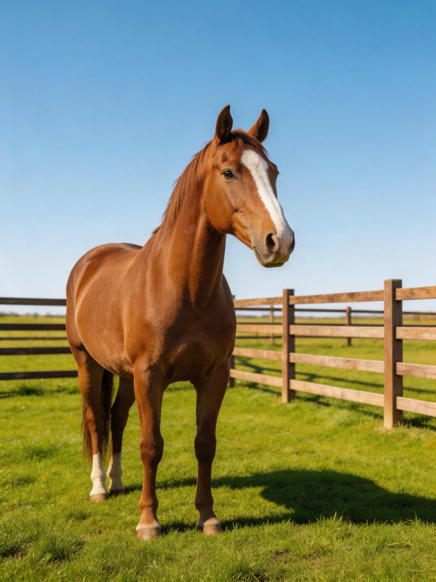 A chestnut horse with a white blaze stands in a sunny pasture near wooden fences