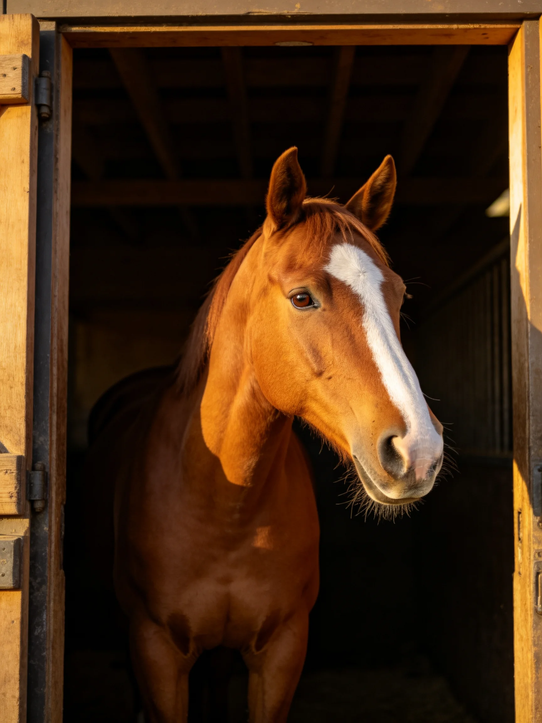 A chestnut horse with a white blaze emerges from a wooden stable.