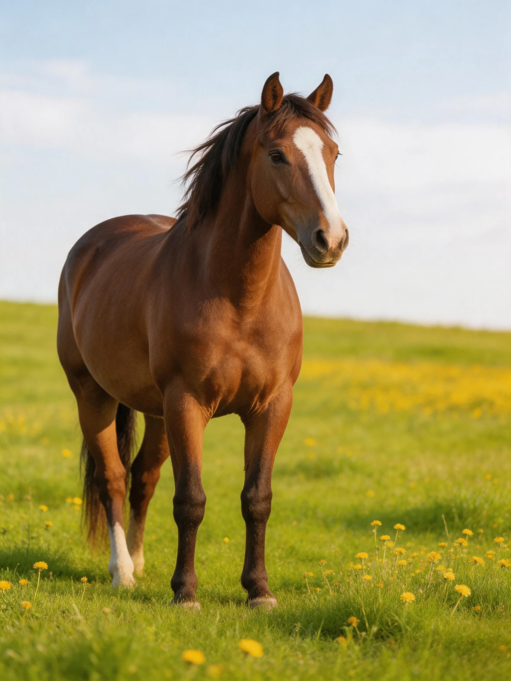 A chestnut horse with a white blaze stands in a yellow-flowered green meadow