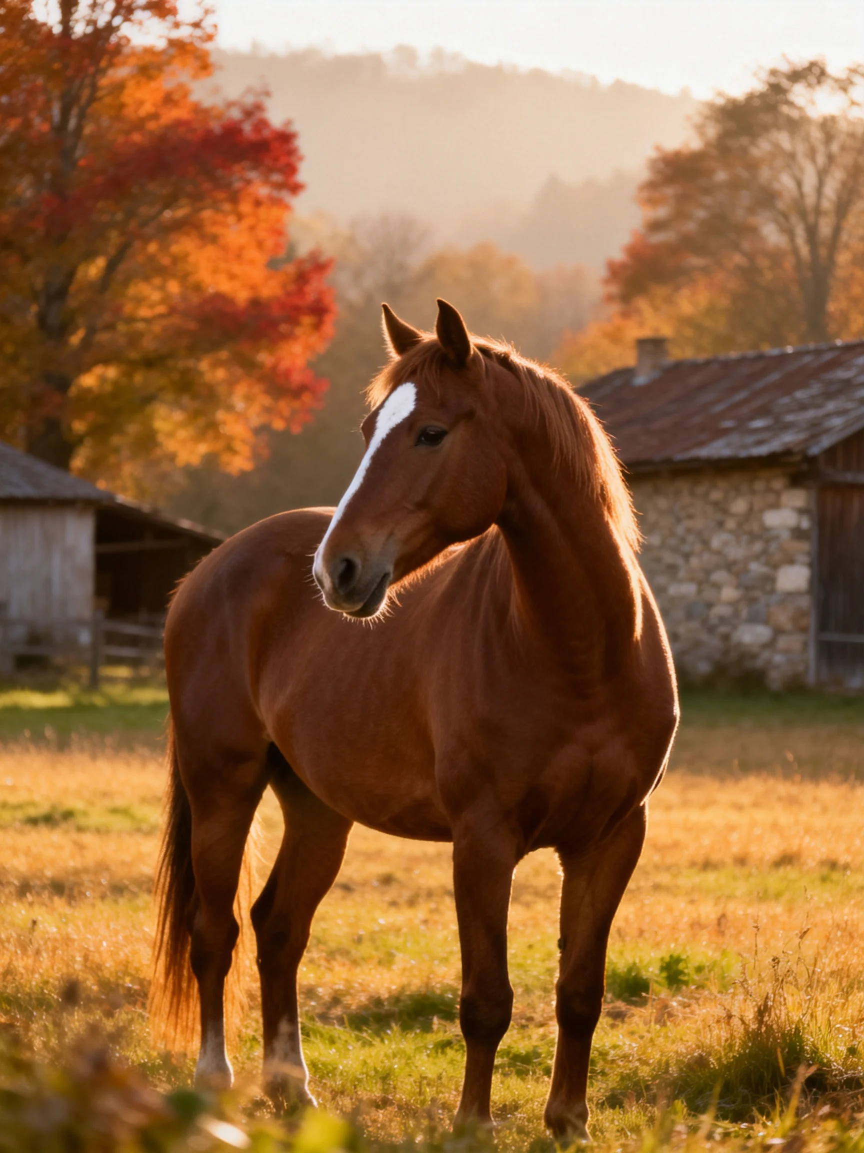 A chestnut horse with a white blaze stands in an autumn farm field near stone buildings