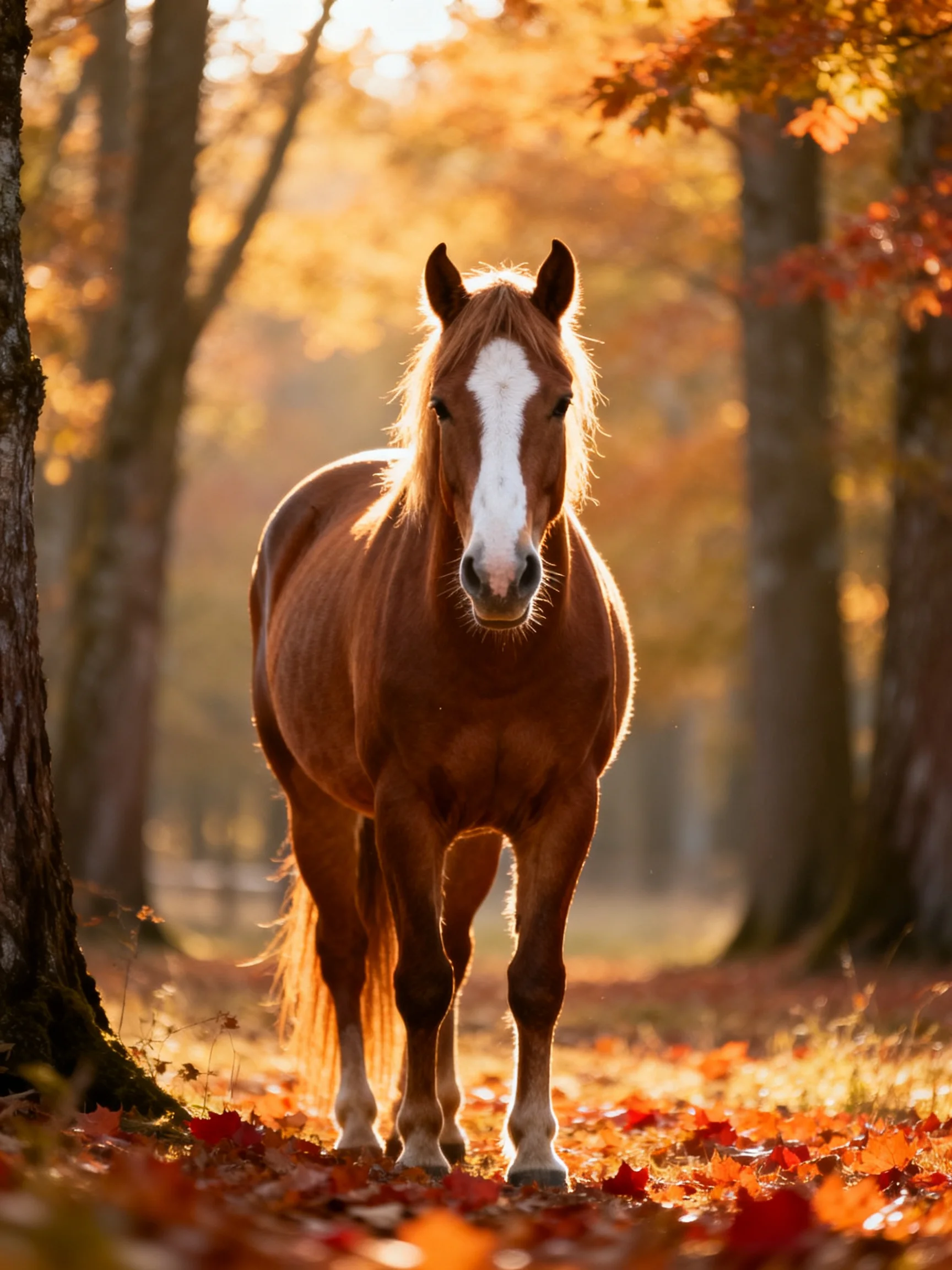 A chestnut horse with a white blaze stands in an autumn forest with golden foliage