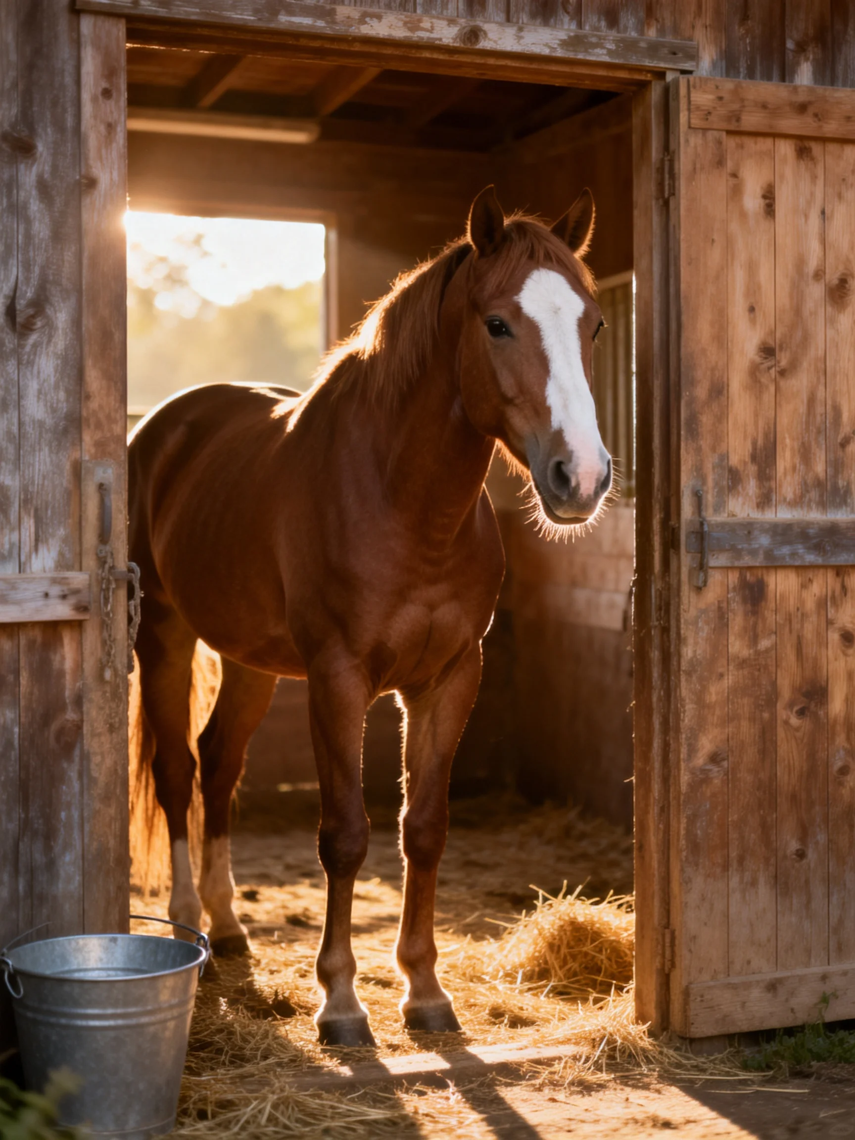 A chestnut horse with a white blaze stands in a sunlit wooden stable.