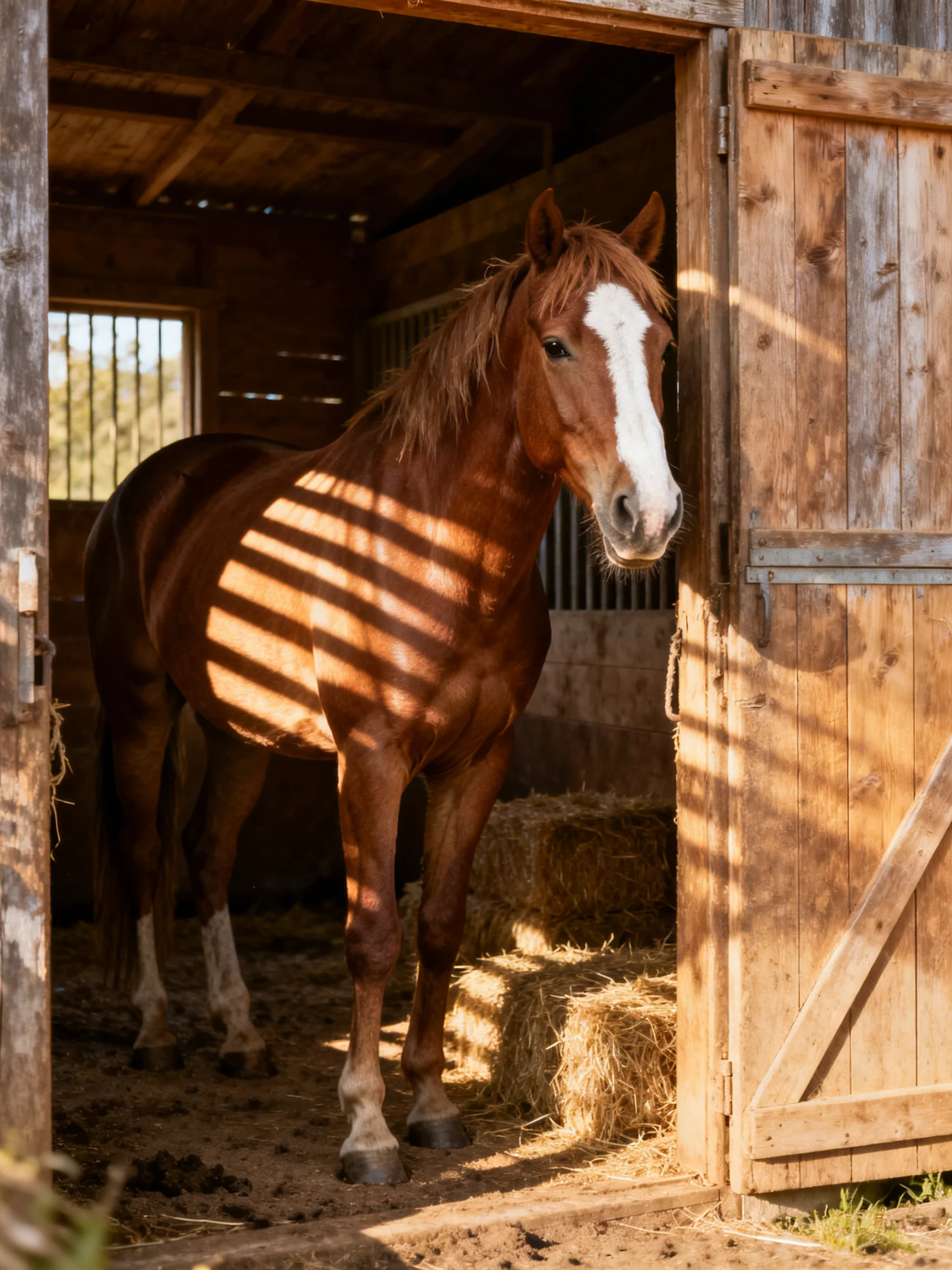 A chestnut horse with a white blaze stands in an old wooden stable
