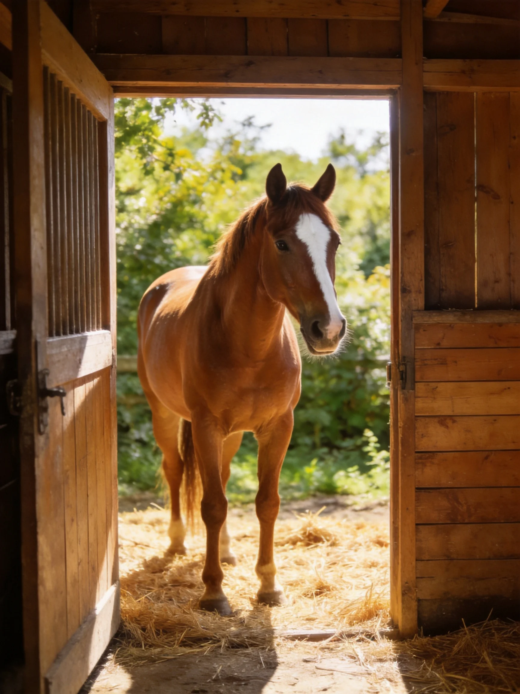 A chestnut horse with a white blaze stands in an open wooden stable