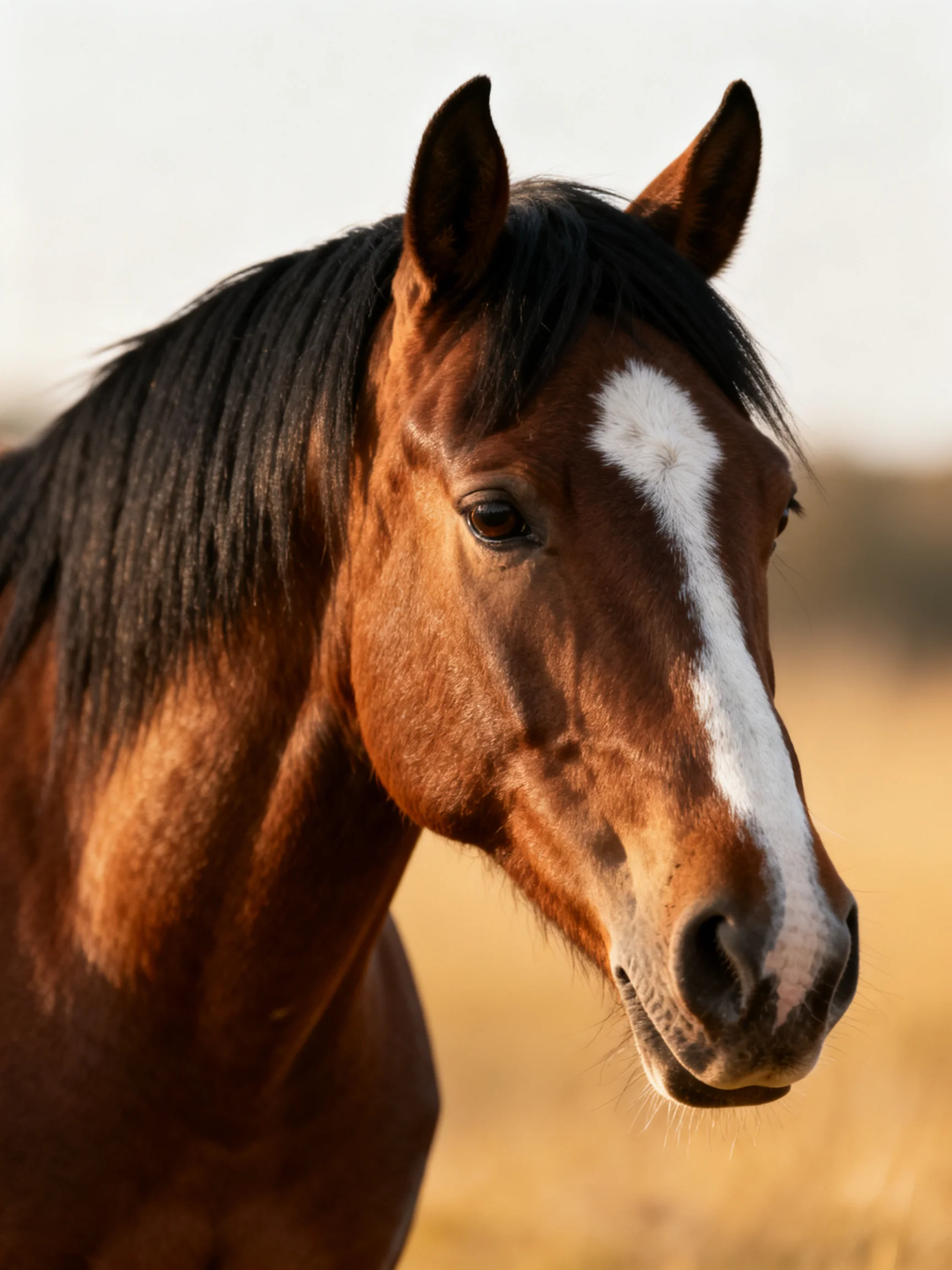 A chestnut horse with a white blaze stands in a sunlit field.