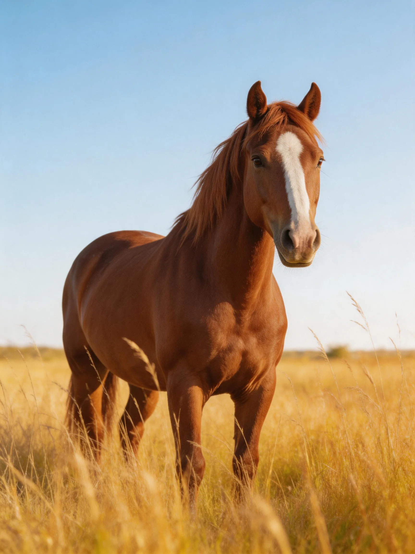 A chestnut horse with a white blaze stands in golden grass.