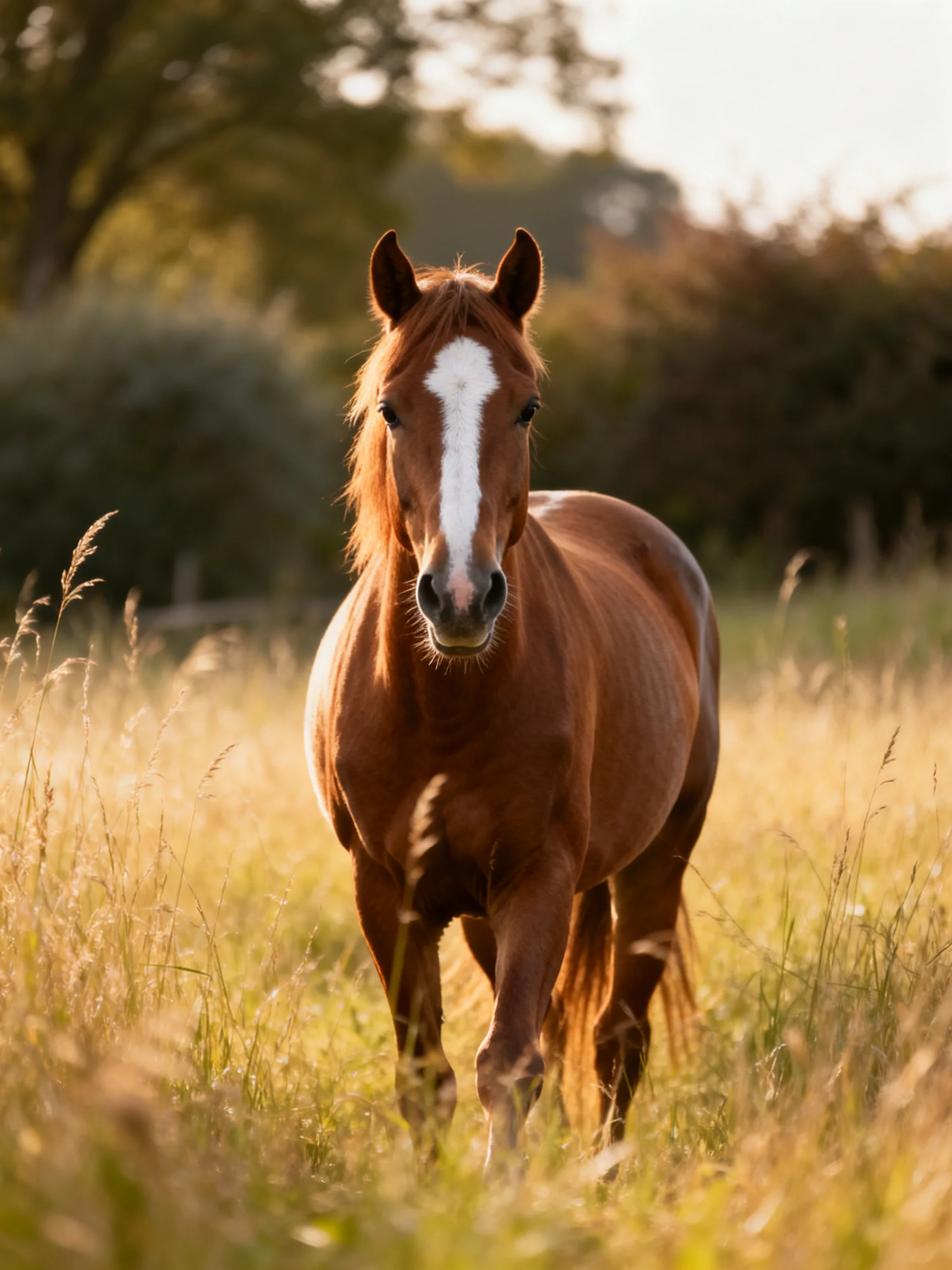 A chestnut horse with a white blaze moves through tall golden grass near trees.