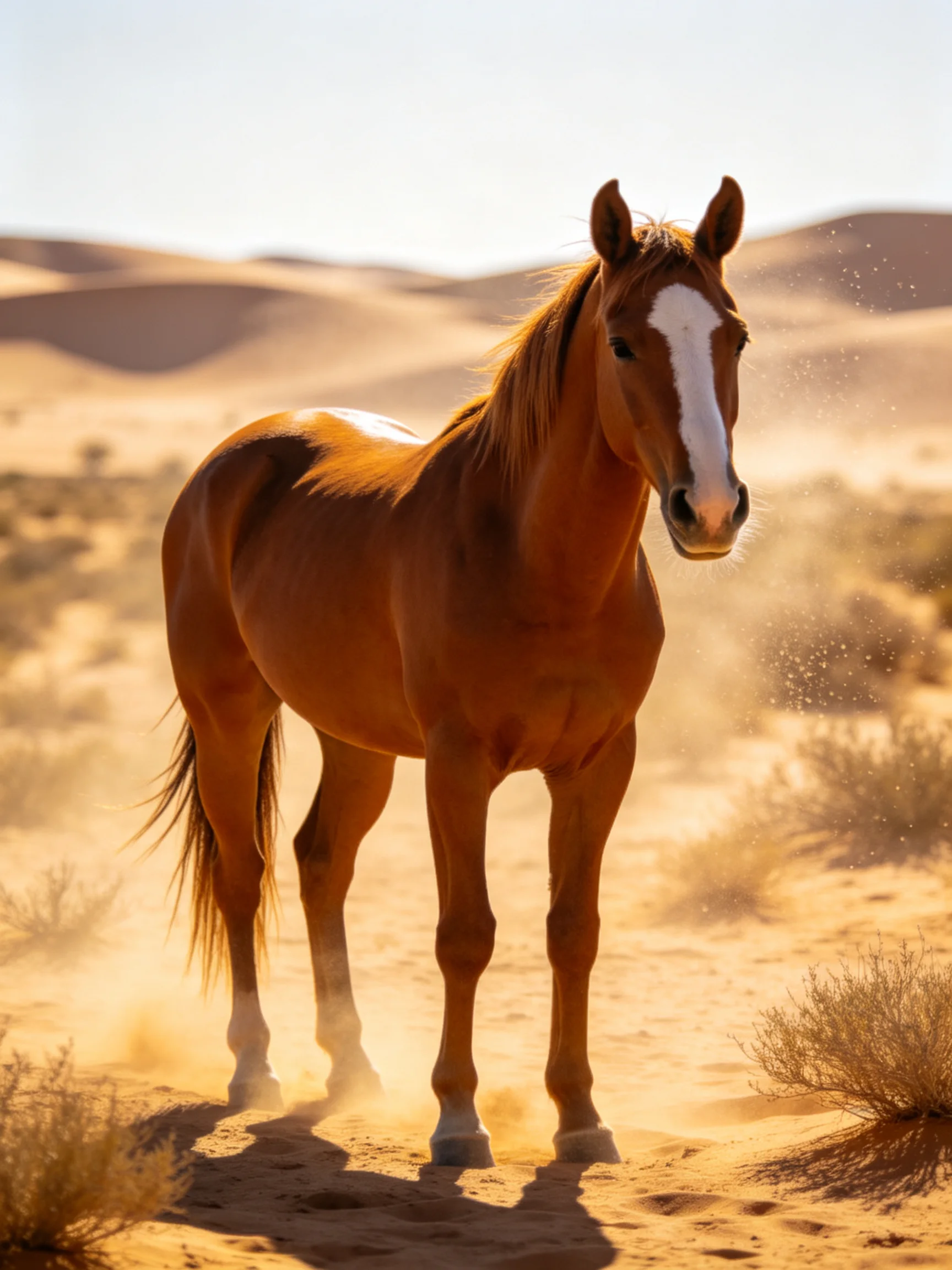 A chestnut horse with a white blaze stands in a sunlit desert landscape.