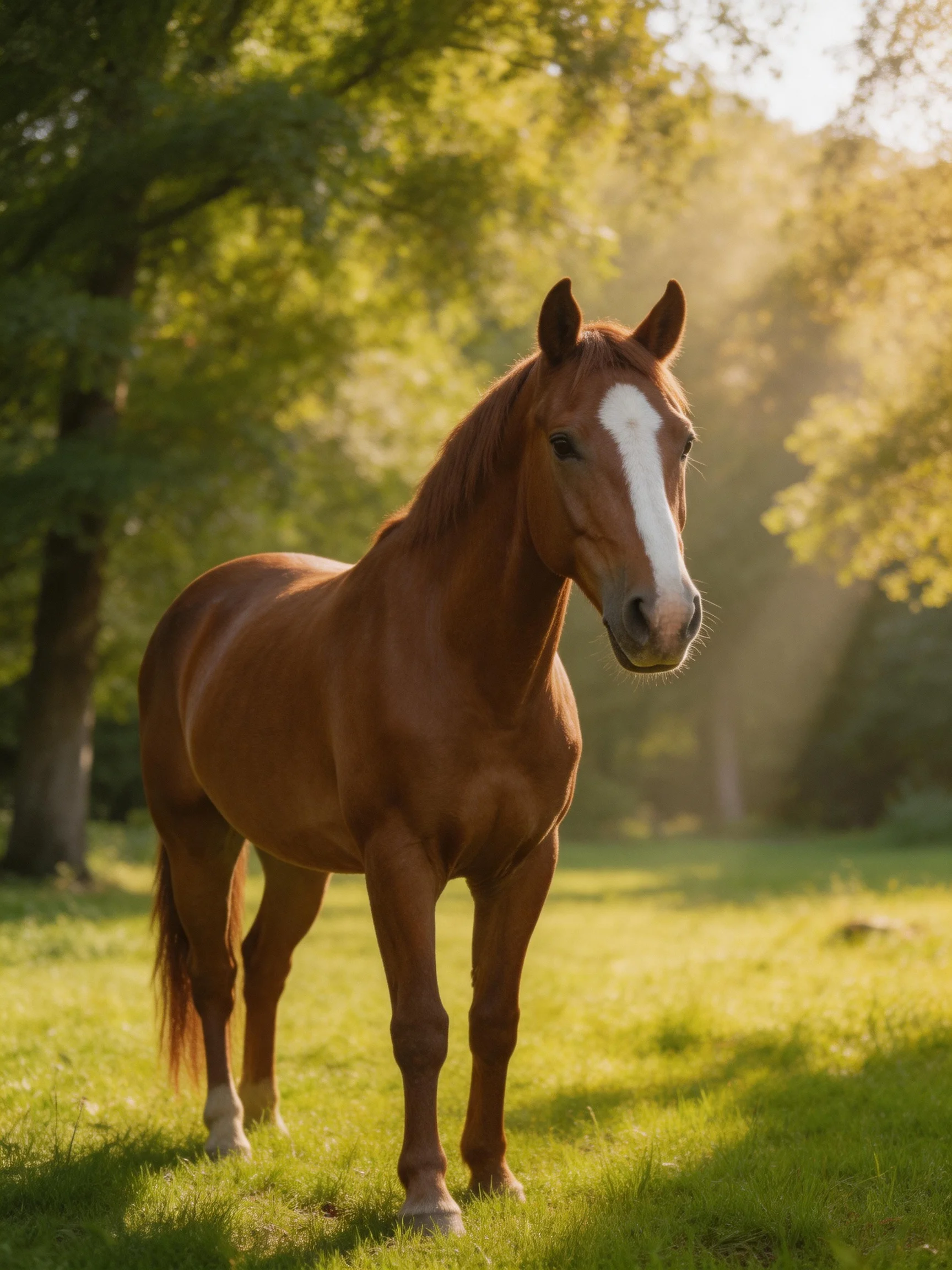 A chestnut horse with a white blaze stands in sunlit meadow and trees