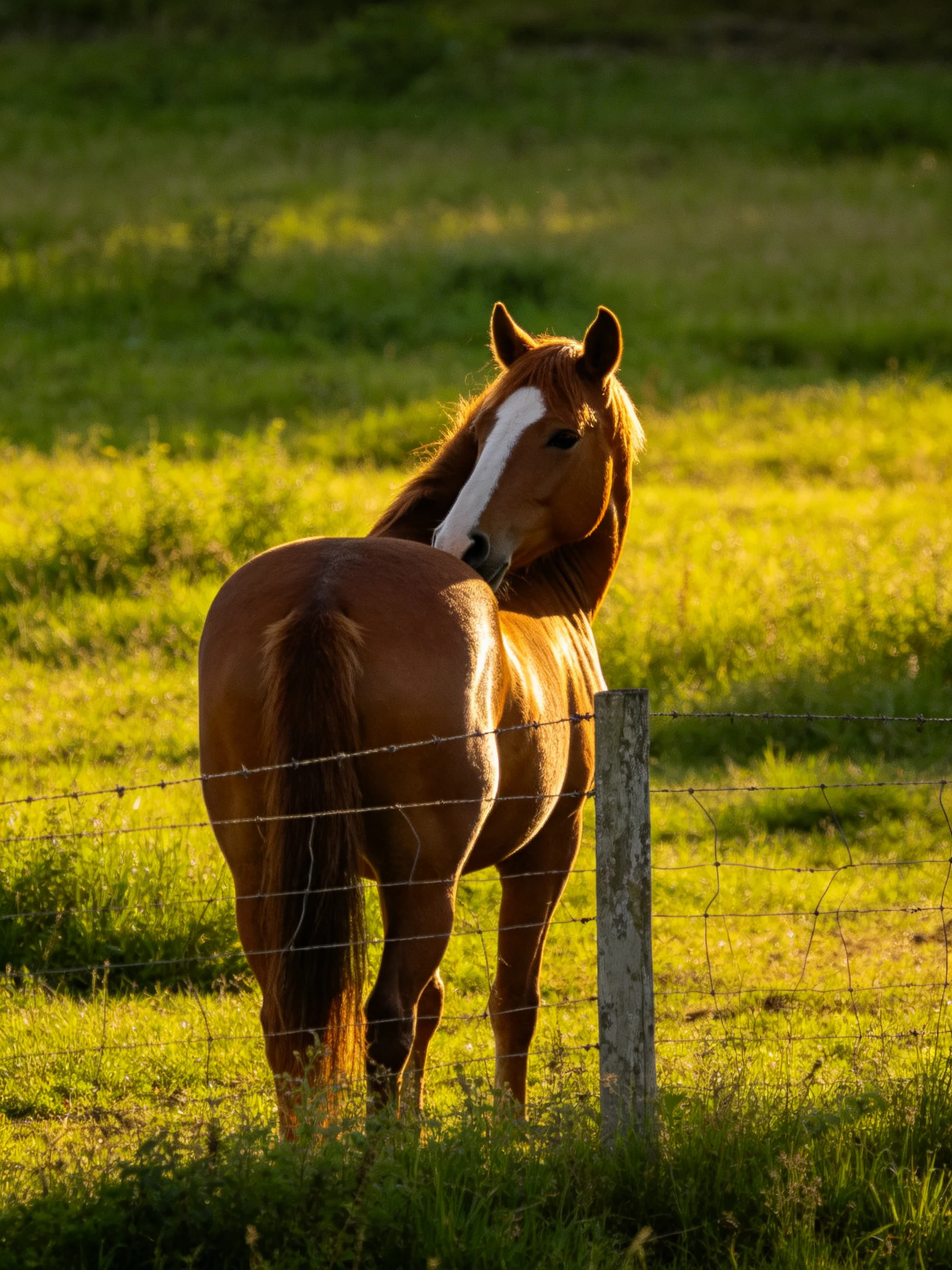 A brown horse with a white stripe stands by a fence in a sunlit field.