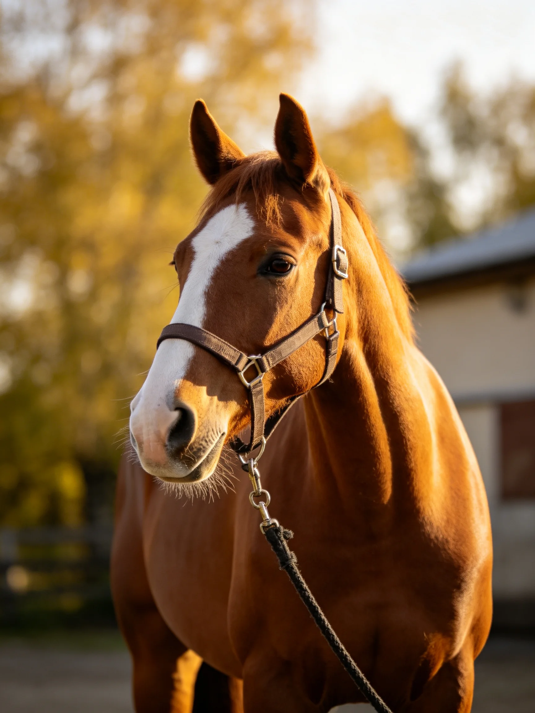 A chestnut horse with a white blaze stands outdoors near a stable.