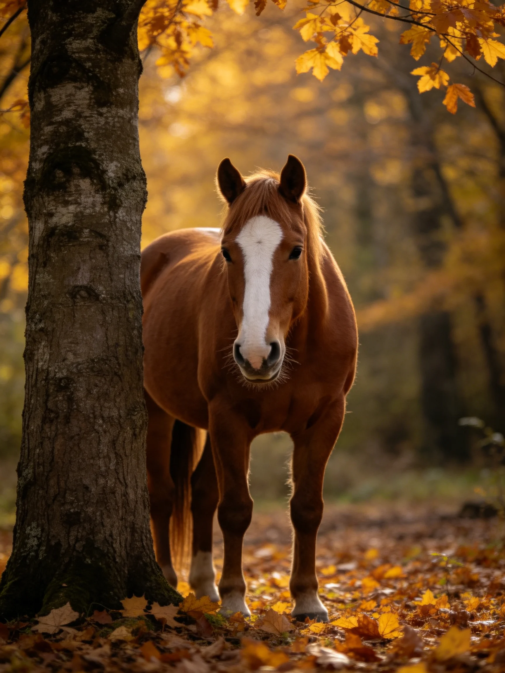 A chestnut horse with a white blaze stands near a tree in a forest with autumn foliage.