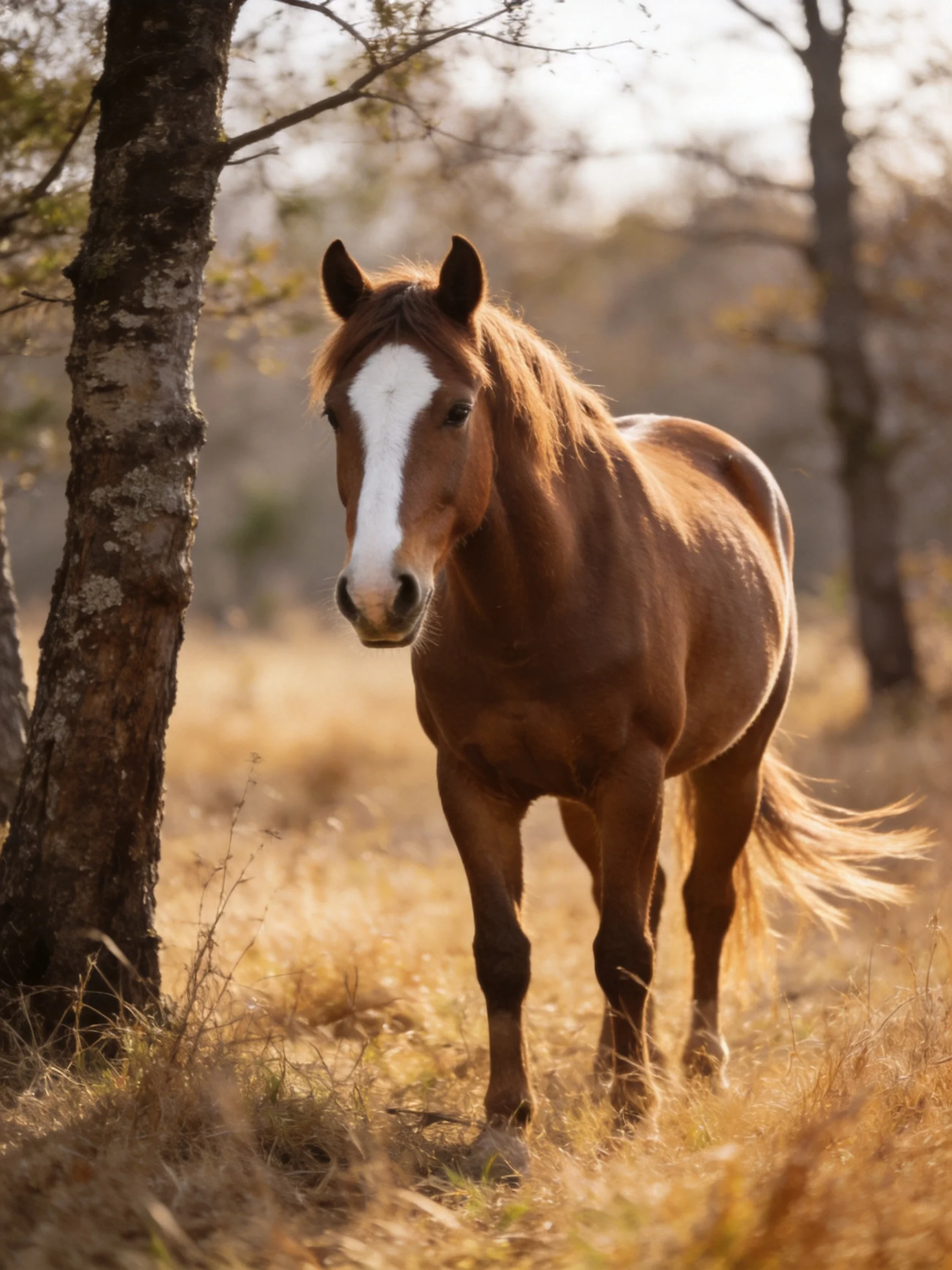 A chestnut horse with a white blaze stands near a tree in golden grassland