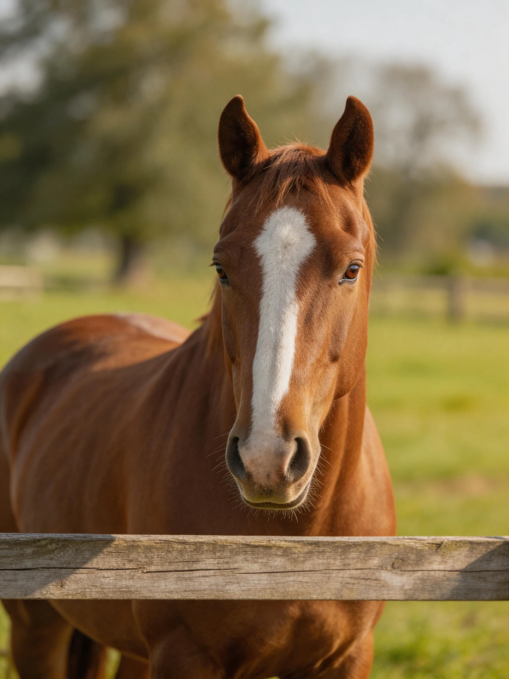 A chestnut horse with a white blaze stands near a wooden fence in a green pasture.