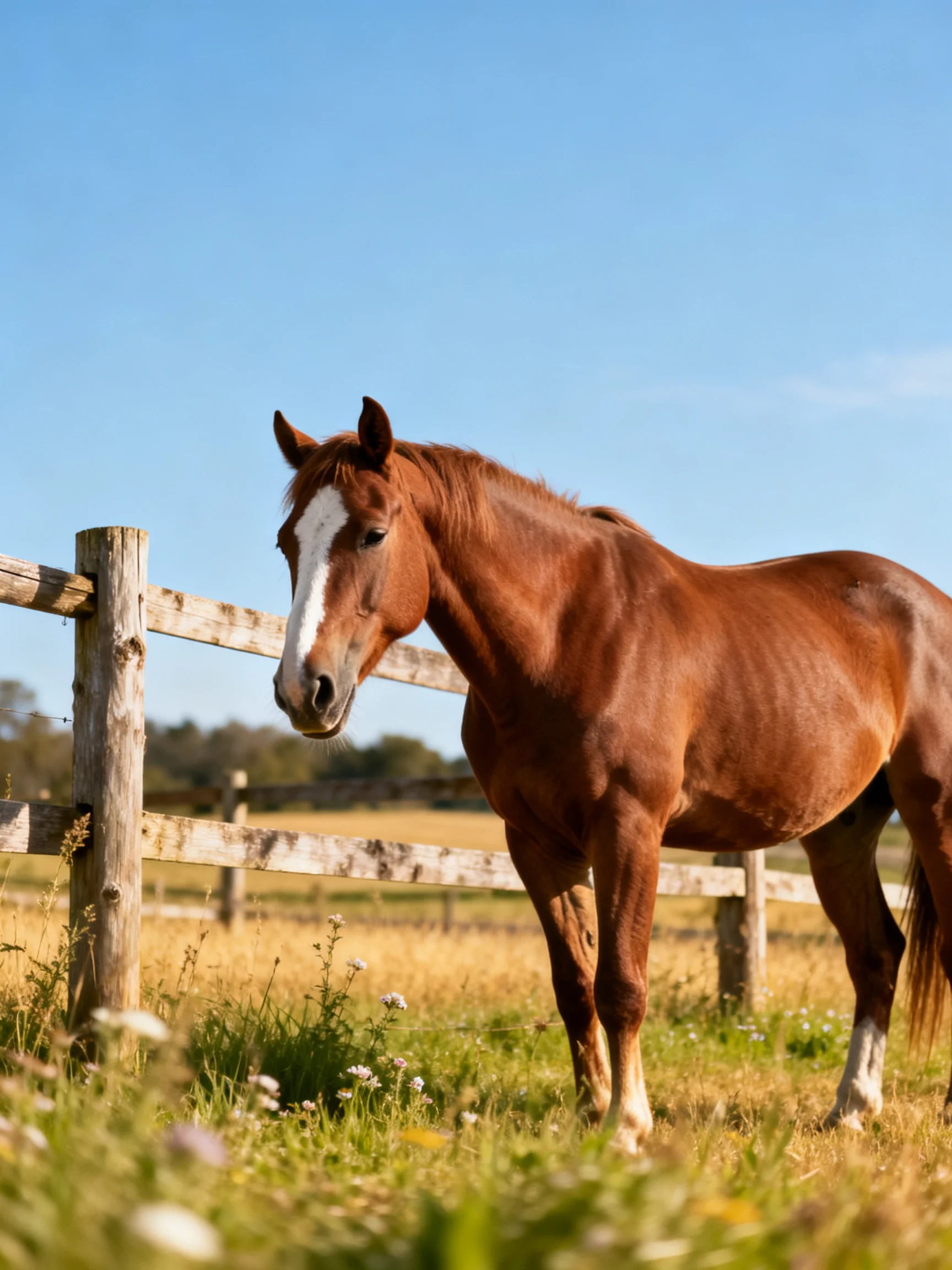A chestnut horse with a white blaze stands near a weathered wooden fence