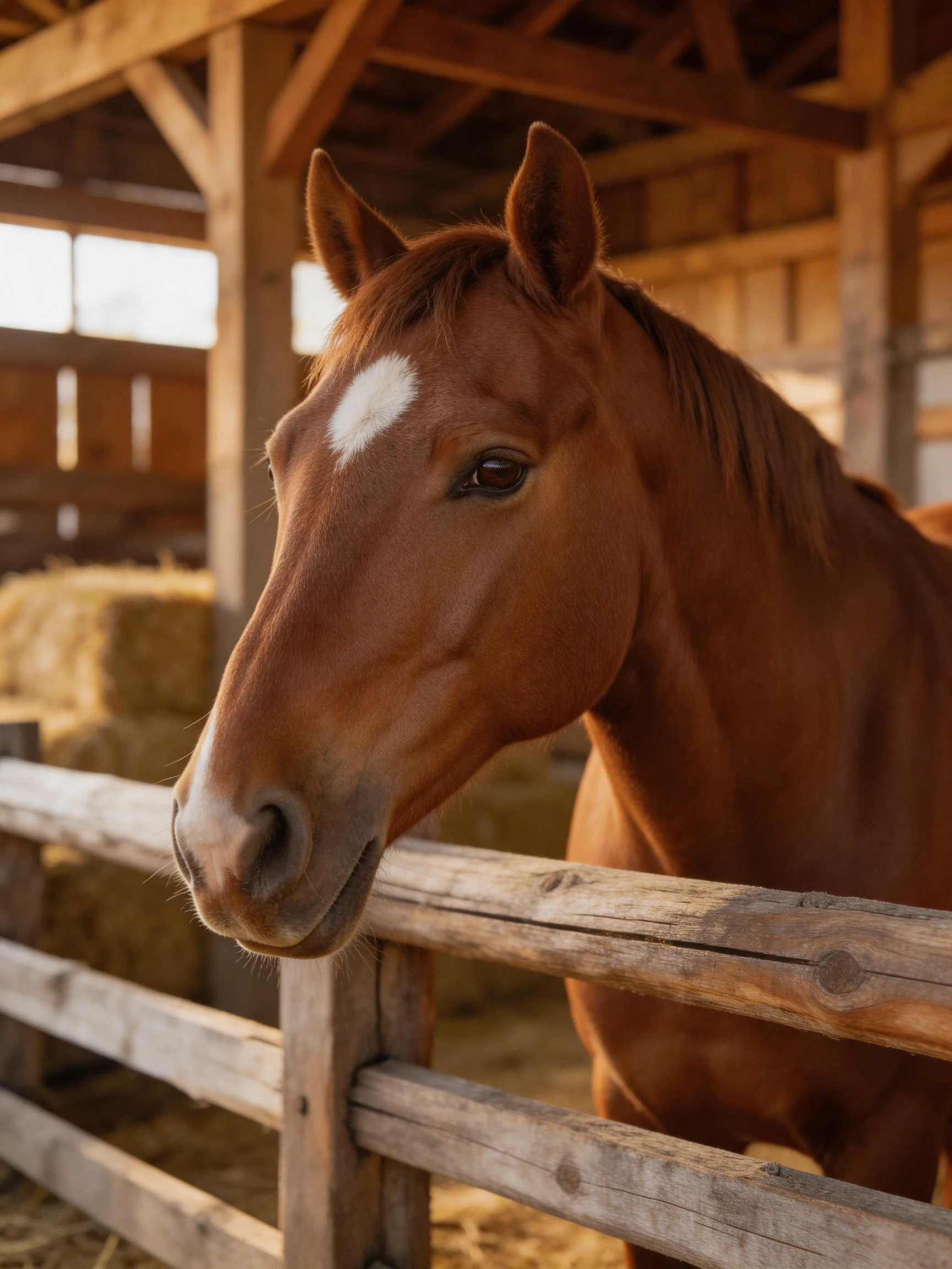 A chestnut horse with a white blaze stands near a wooden fence in a barn