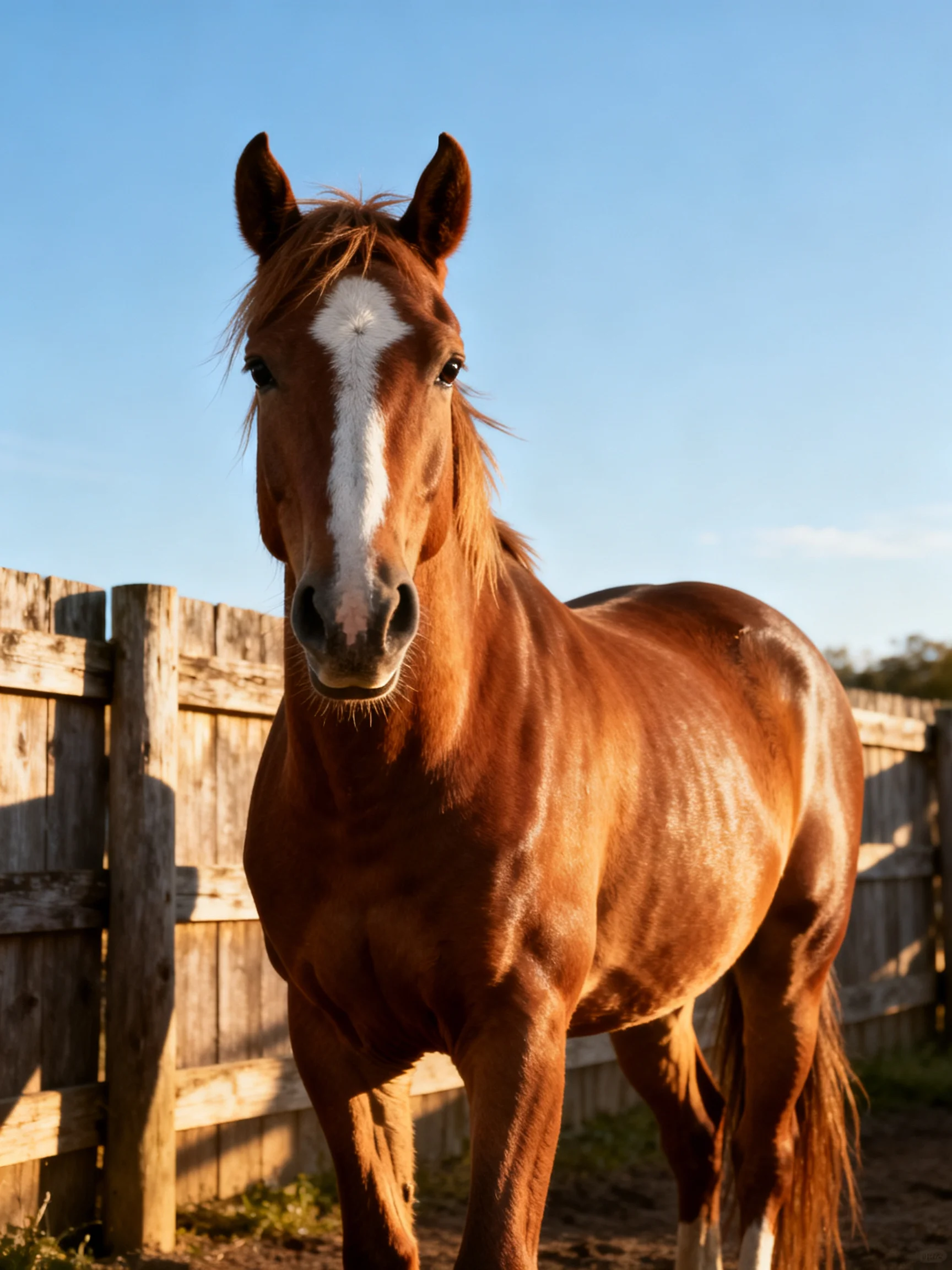 A chestnut horse with a white blaze stands near an aged wooden fence