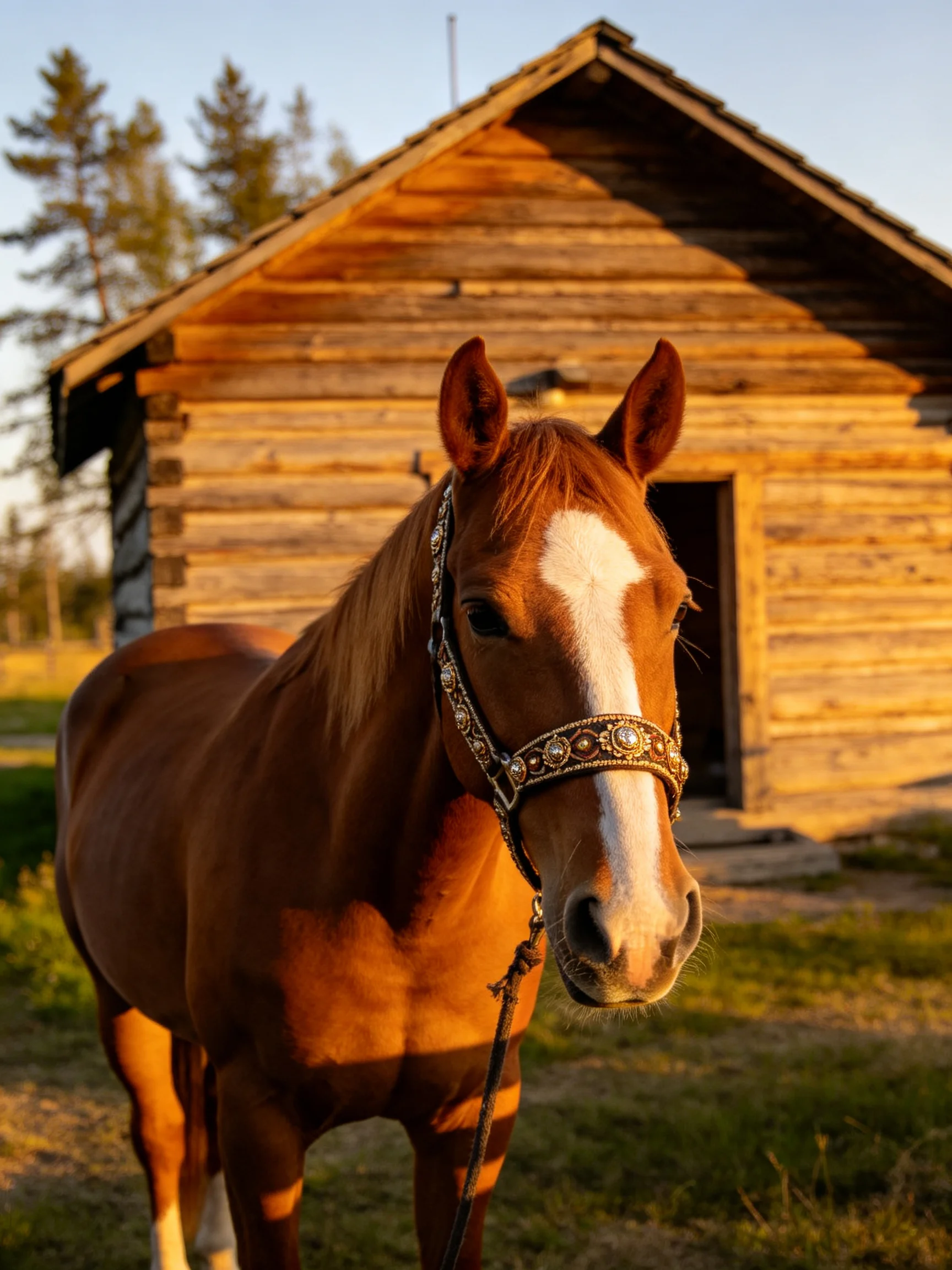 A chestnut horse with a white blaze stands near an old wooden cabin
