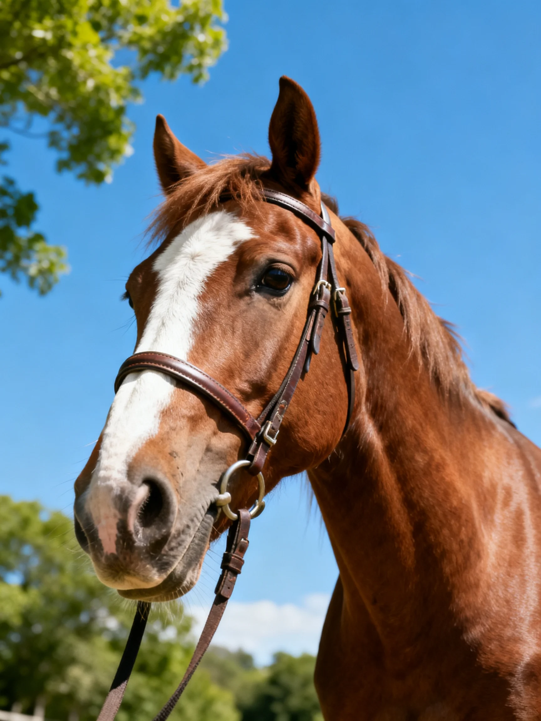 A chestnut horse with a white blaze stands near green trees under clear blue sky