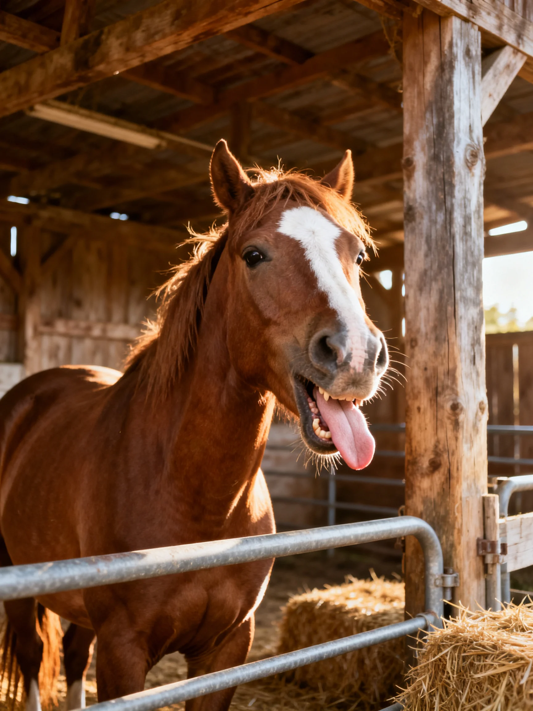 A chestnut horse with a white blaze stands near hay bales in a rustic wooden barn