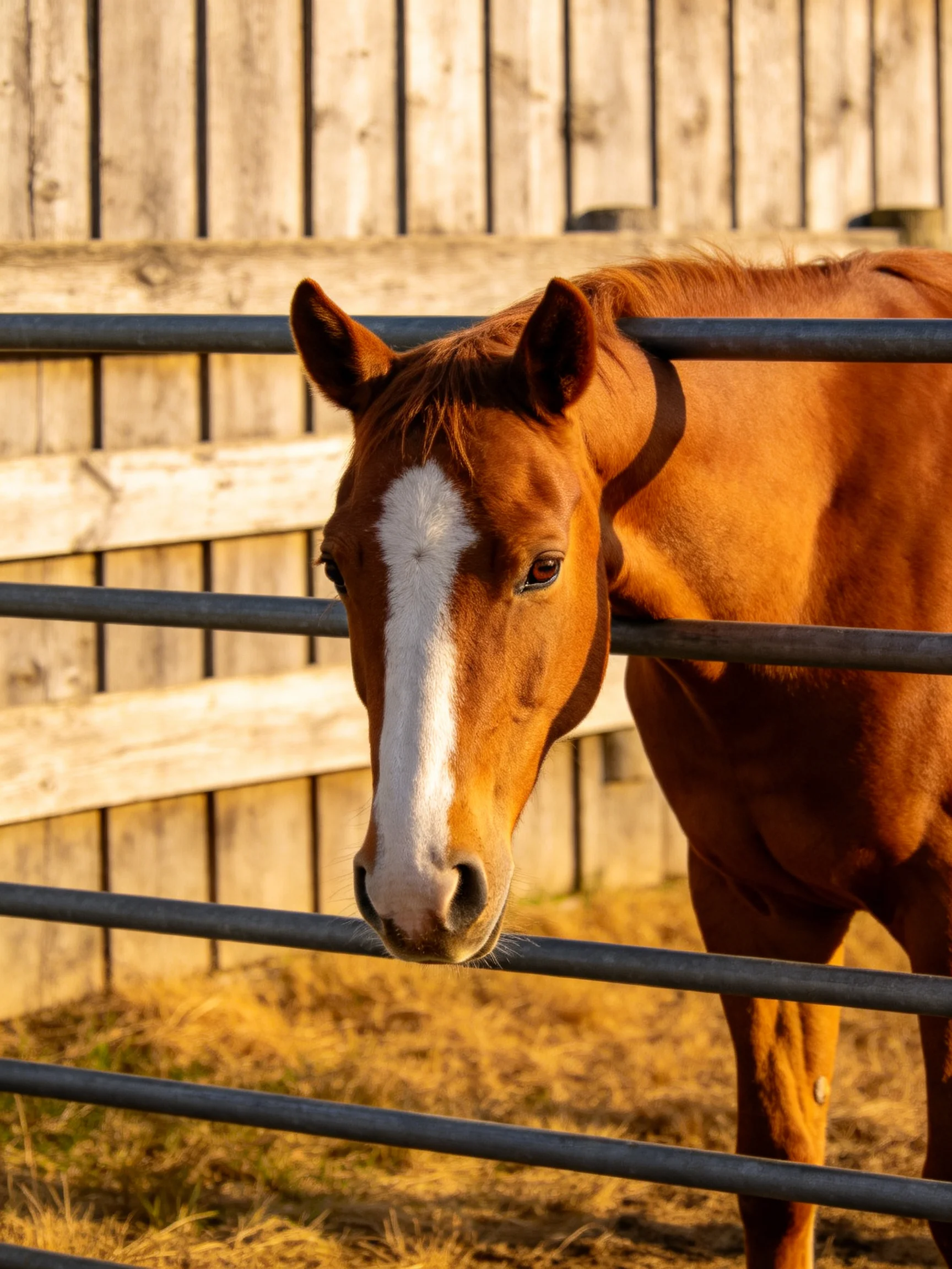 A chestnut horse with a white blaze stands near metal bars and wooden fences.