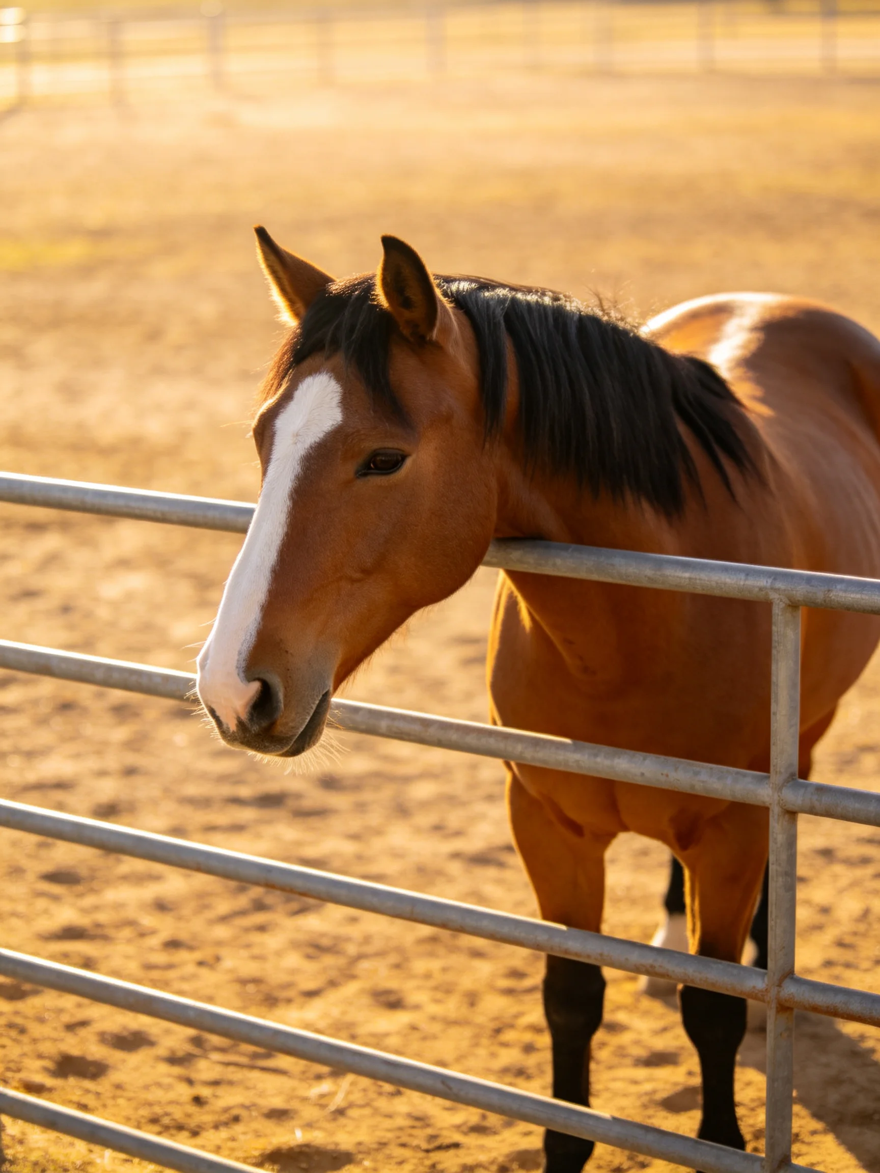 A chestnut horse with a white blaze leans against metal fence rails in an outdoor enclosure.