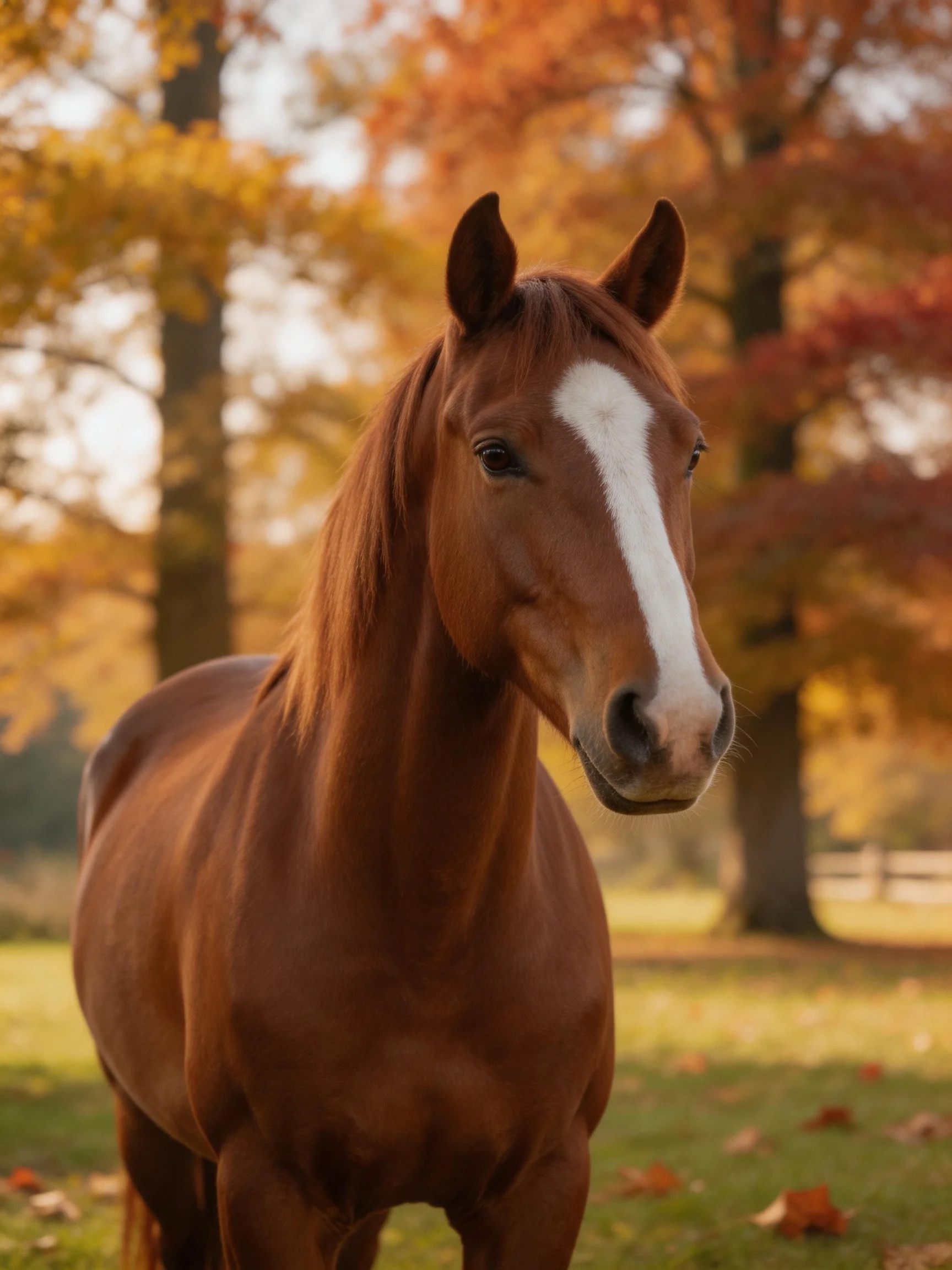A chestnut horse with a white blaze stands near vibrant autumn trees